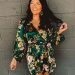Floral Satin Wrap Dress - Emerald - Lace and Grace Boutique