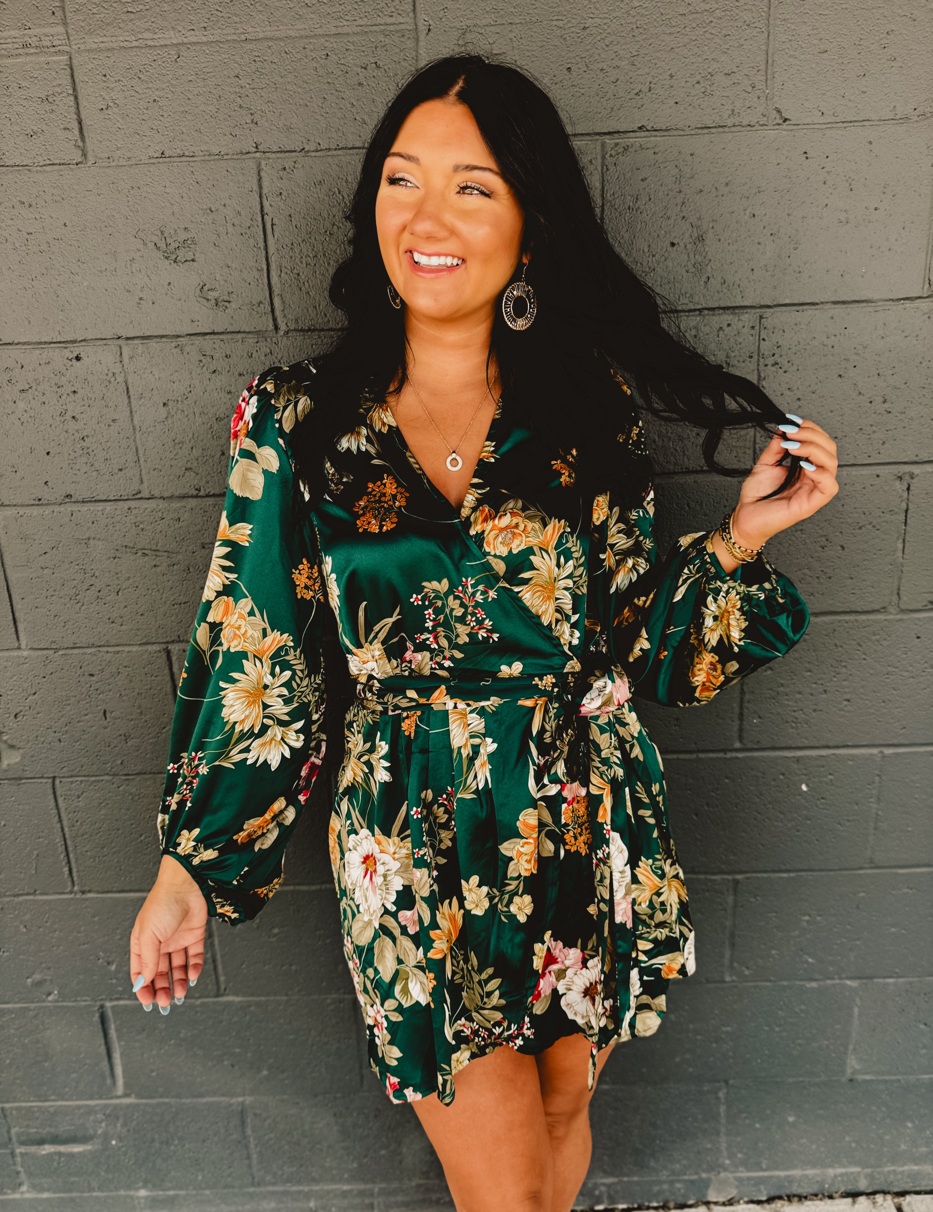Floral Satin Wrap Dress - Emerald - Lace and Grace Boutique