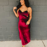 Velvet Cut-Out Open Back Maxi Dress - Burgundy - Lace and Grace Boutique