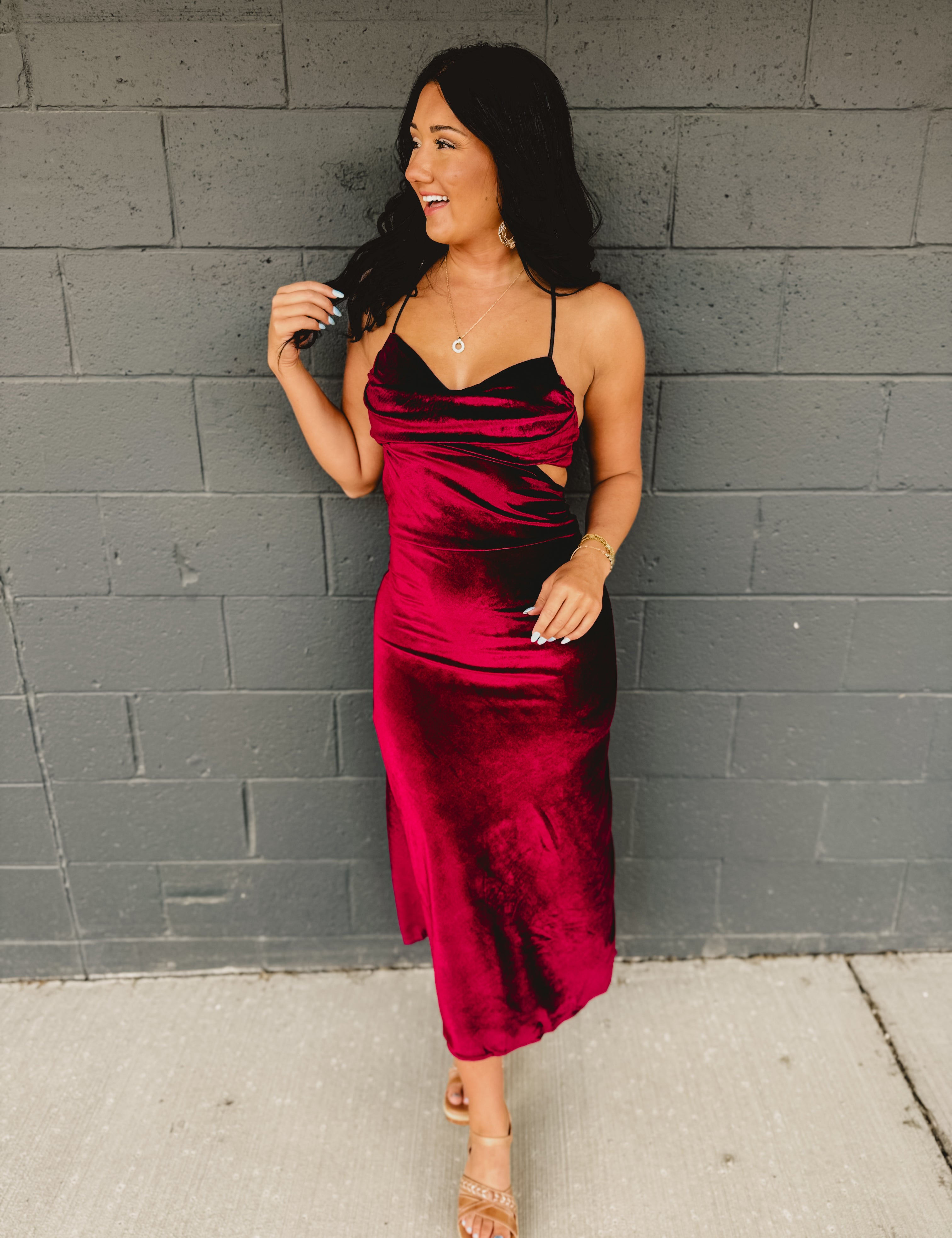 Velvet Cut-Out Open Back Maxi Dress - Burgundy - Lace and Grace Boutique