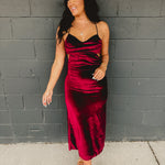 Velvet Cut-Out Open Back Maxi Dress - Burgundy - Lace and Grace Boutique