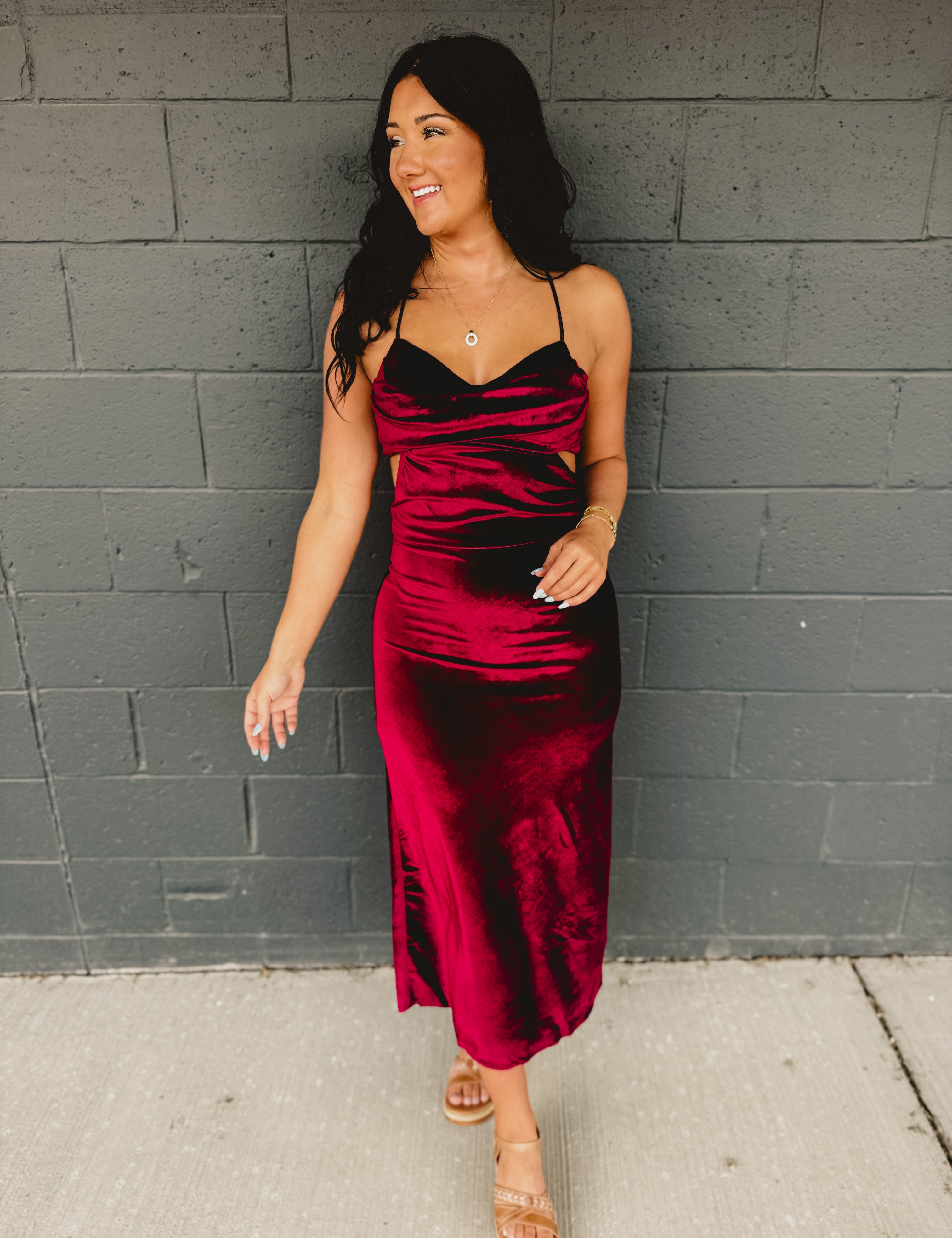 Velvet Cut-Out Open Back Maxi Dress - Burgundy - Lace and Grace Boutique