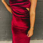 Velvet Cut-Out Open Back Maxi Dress - Burgundy - Lace and Grace Boutique