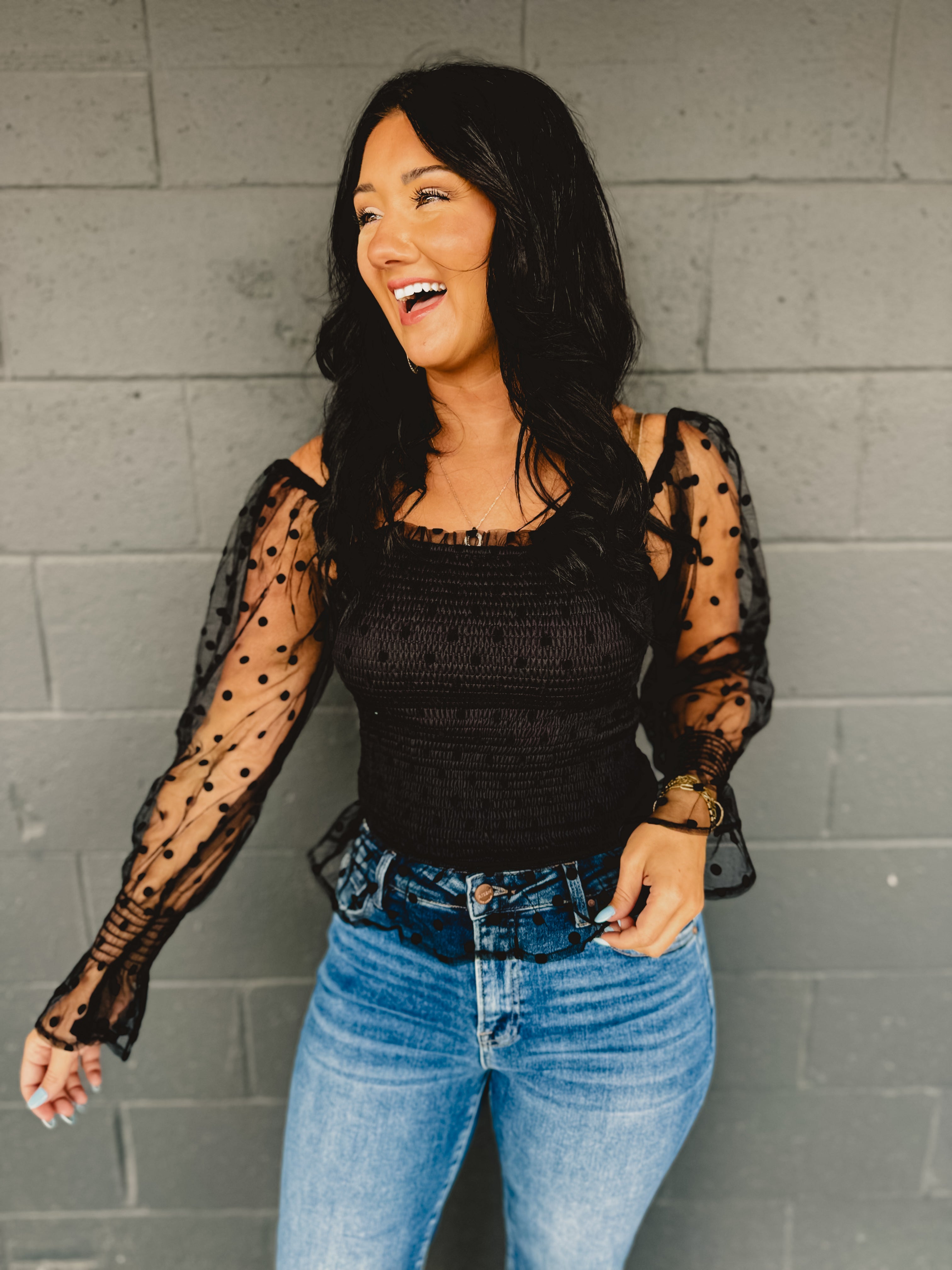 Dotted Mesh Sleeve Top - Black - Lace and Grace Boutique
