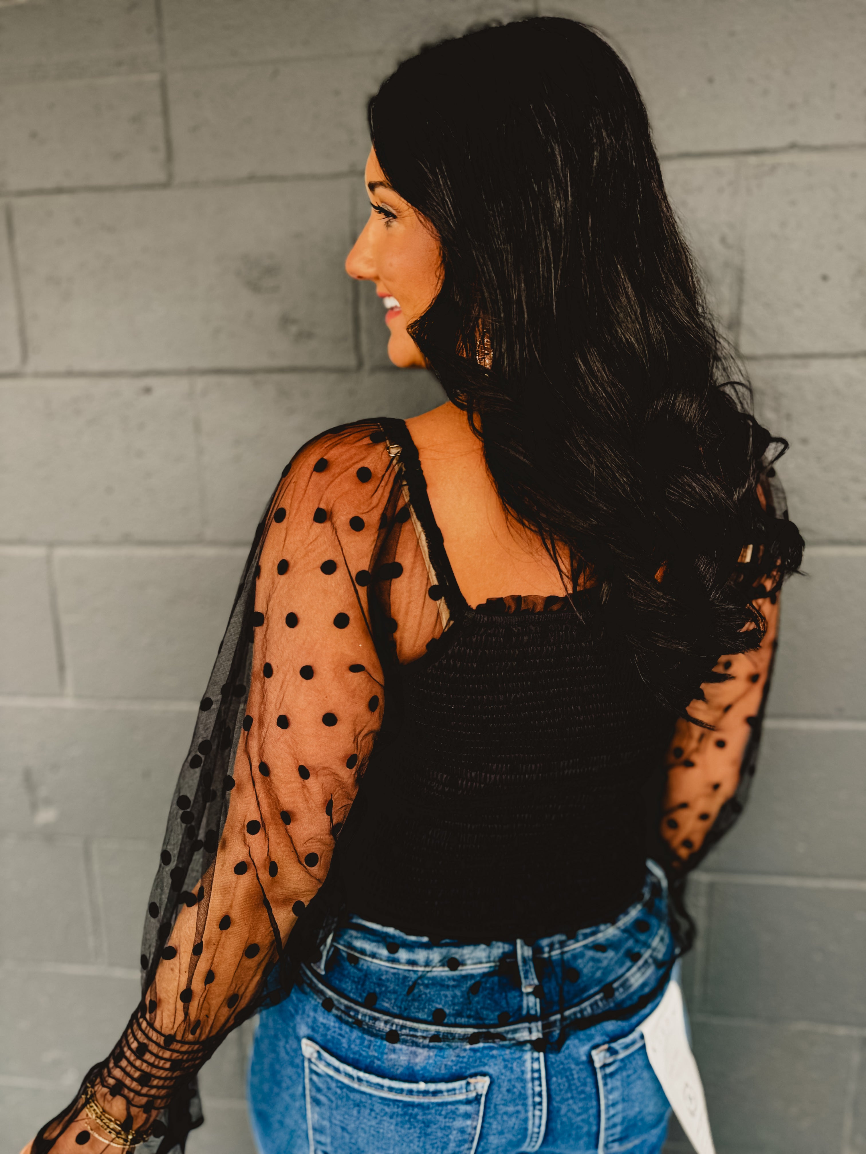 Dotted Mesh Sleeve Top - Black - Lace and Grace Boutique