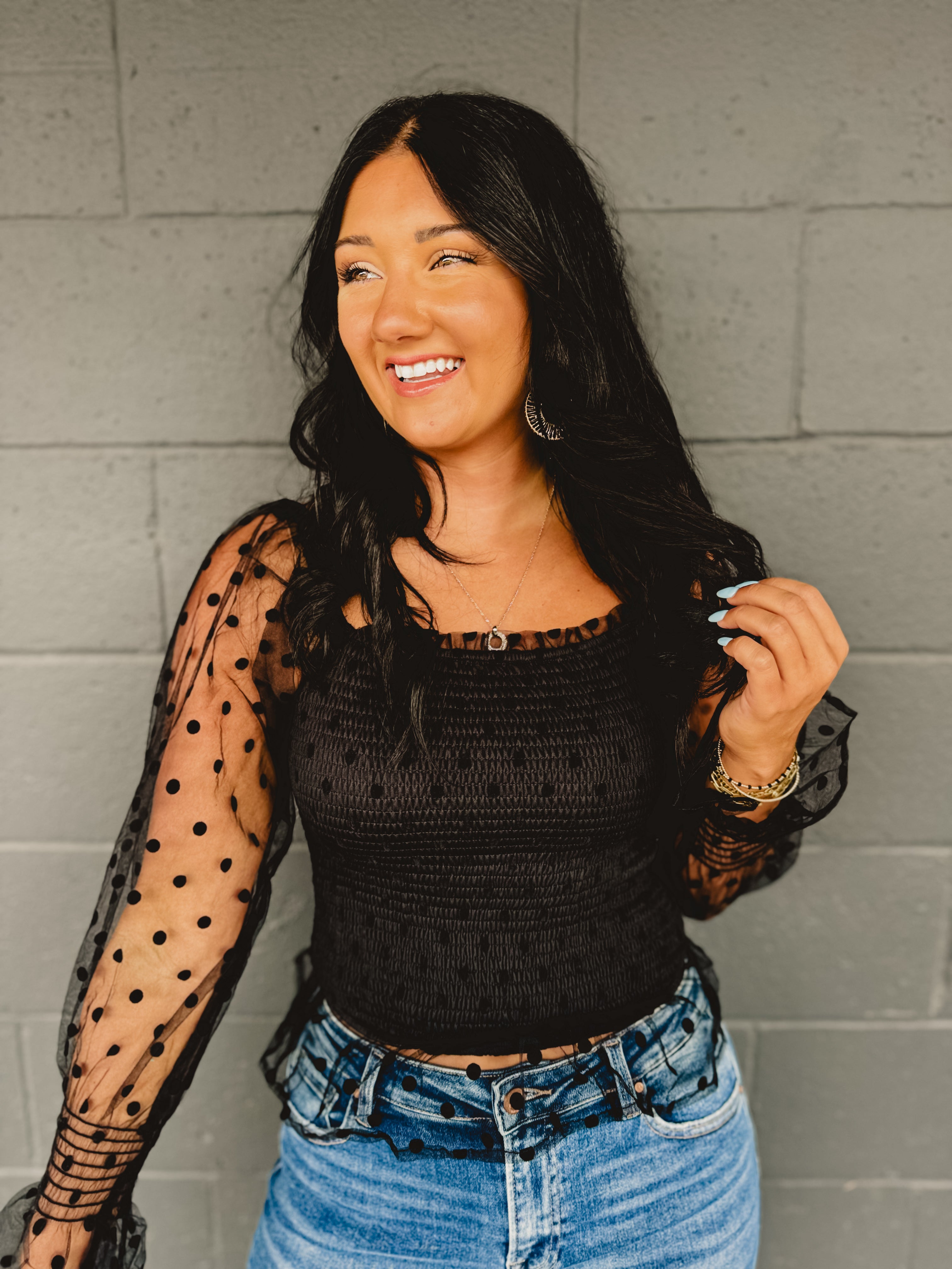 Dotted Mesh Sleeve Top - Black - Lace and Grace Boutique