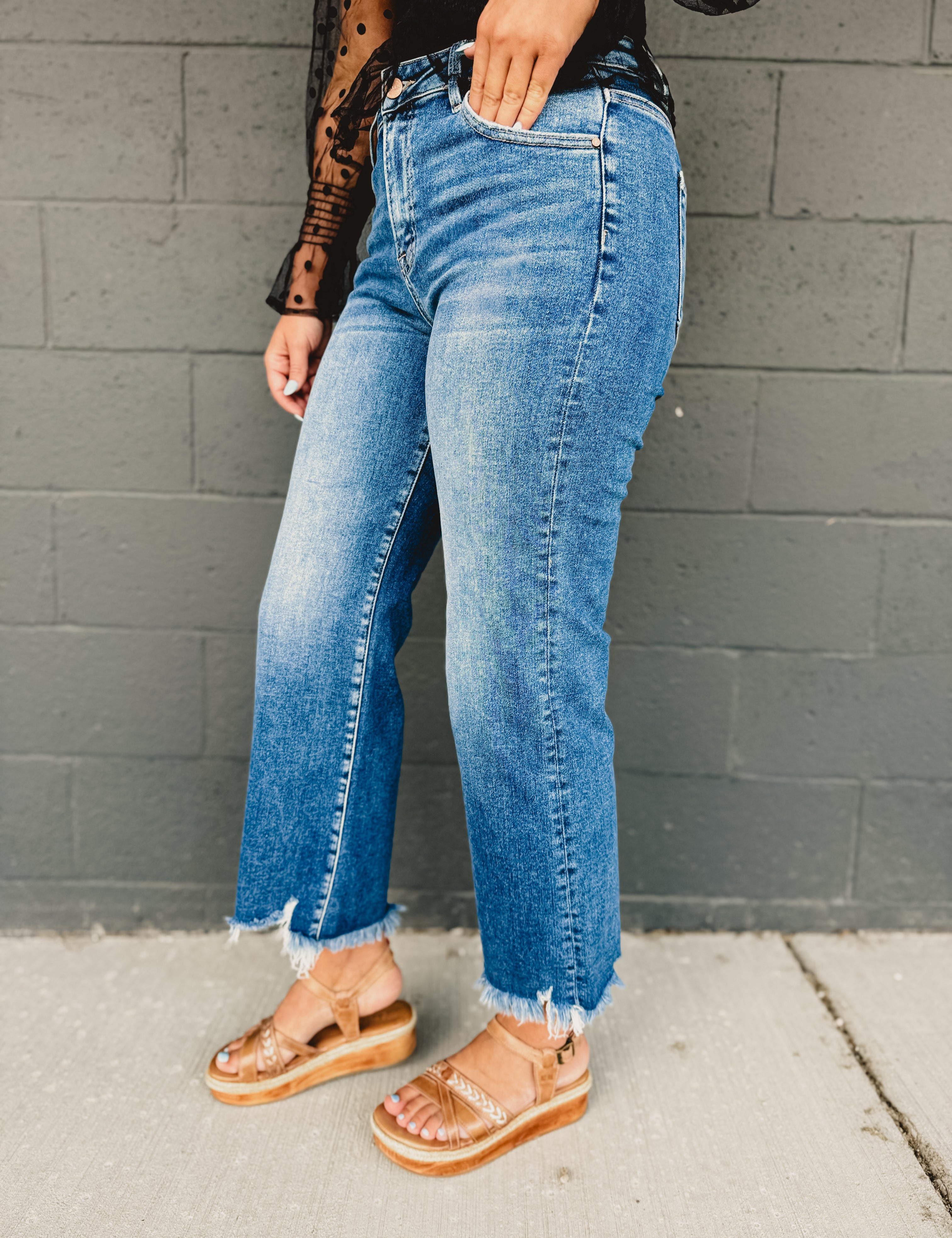 Risen Mid Rise Crop Straight Jean - Dark - Lace and Grace Boutique