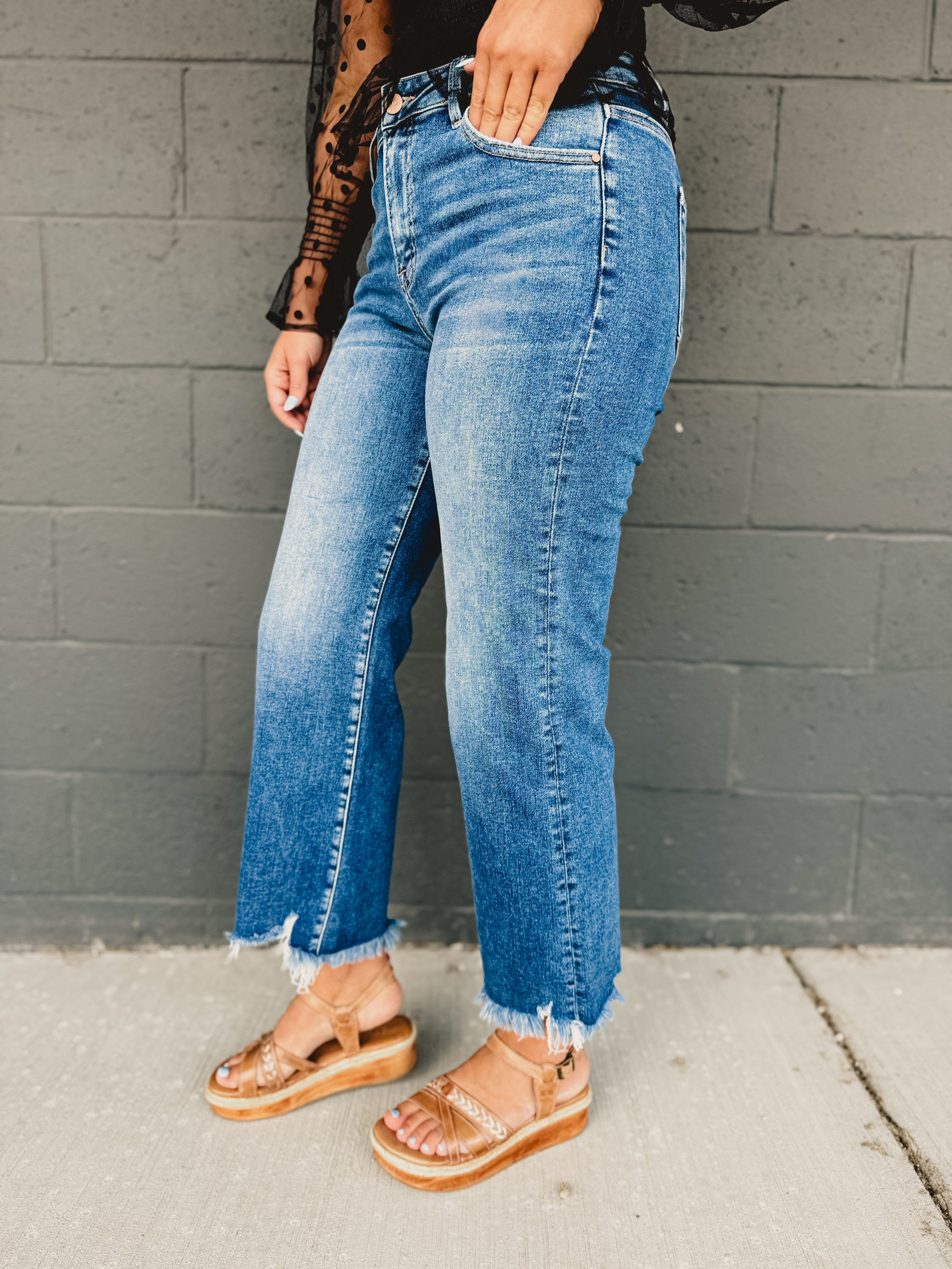 Risen Mid Rise Crop Straight Jean - Dark - Lace and Grace Boutique
