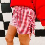 Gingham Side Tie Boxer Shorts - Red/Ivory - Lace and Grace Boutique