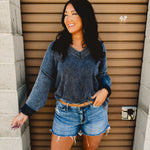 Oversized V-Neck Washed Sweater - Navy - Lace and Grace Boutique