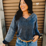 Oversized V-Neck Washed Sweater - Navy - Lace and Grace Boutique