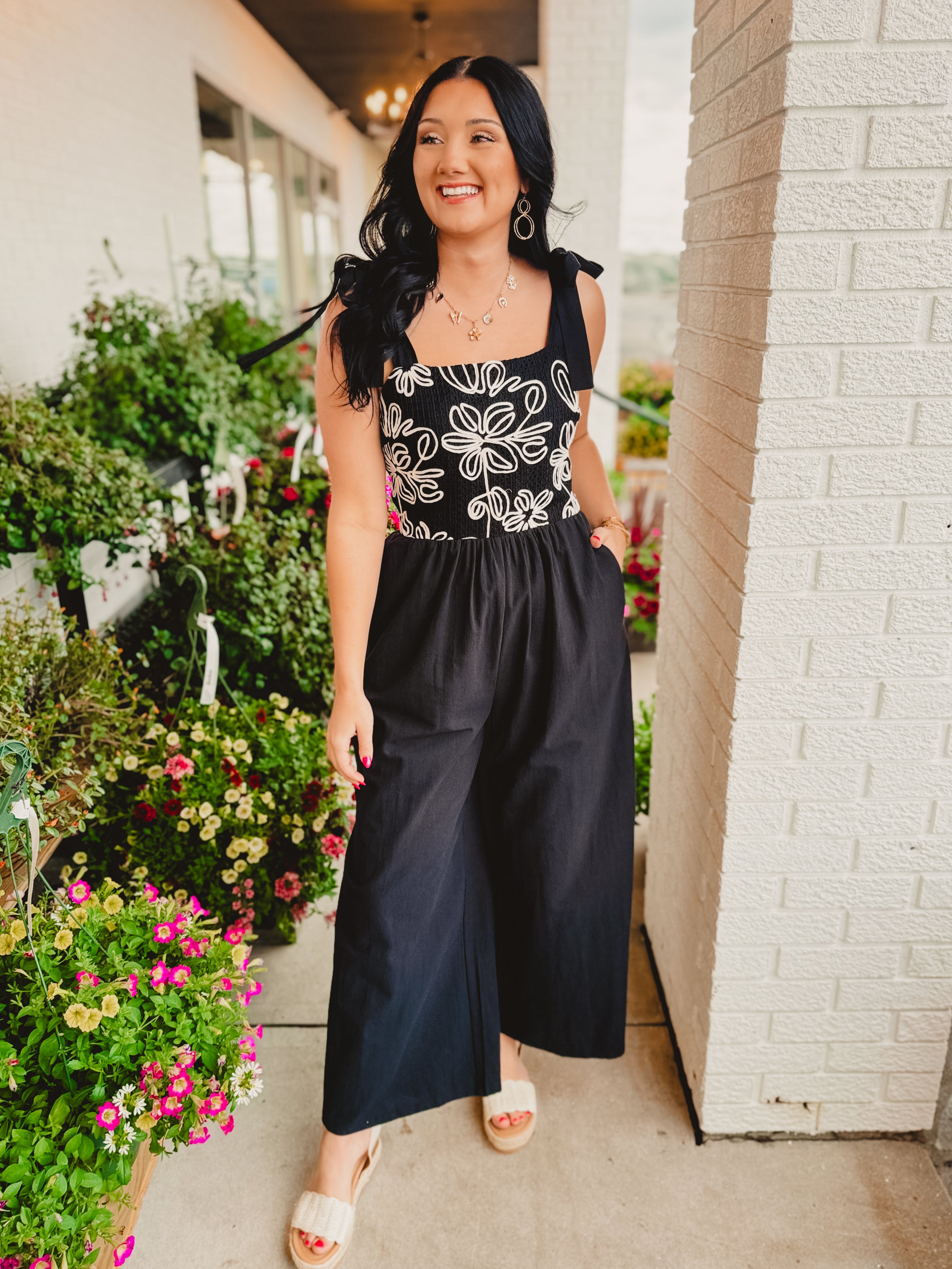 Wide Leg Embroidered Jumpsuit - Black - Lace and Grace Boutique