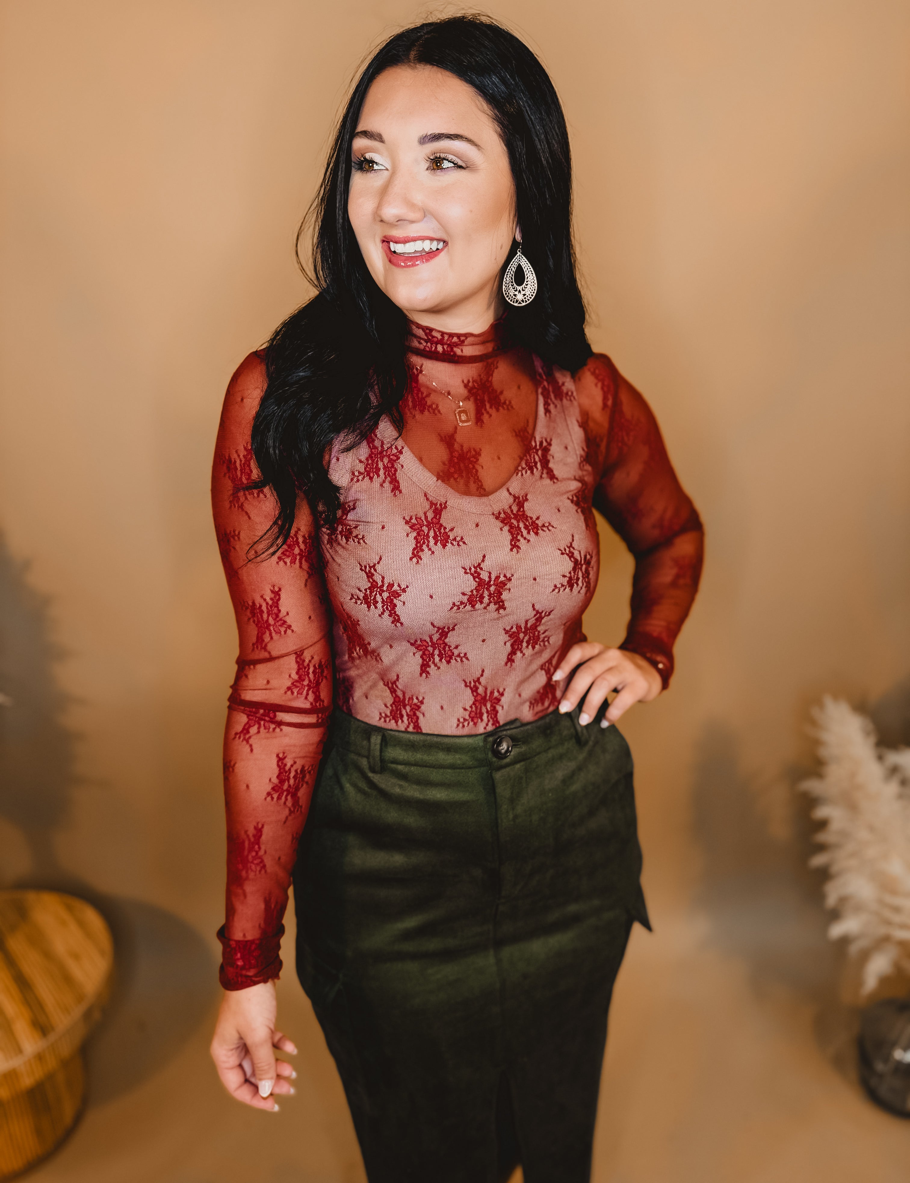 All Dressed Up Sheer Lace Top - Brick - Lace and Grace Boutique