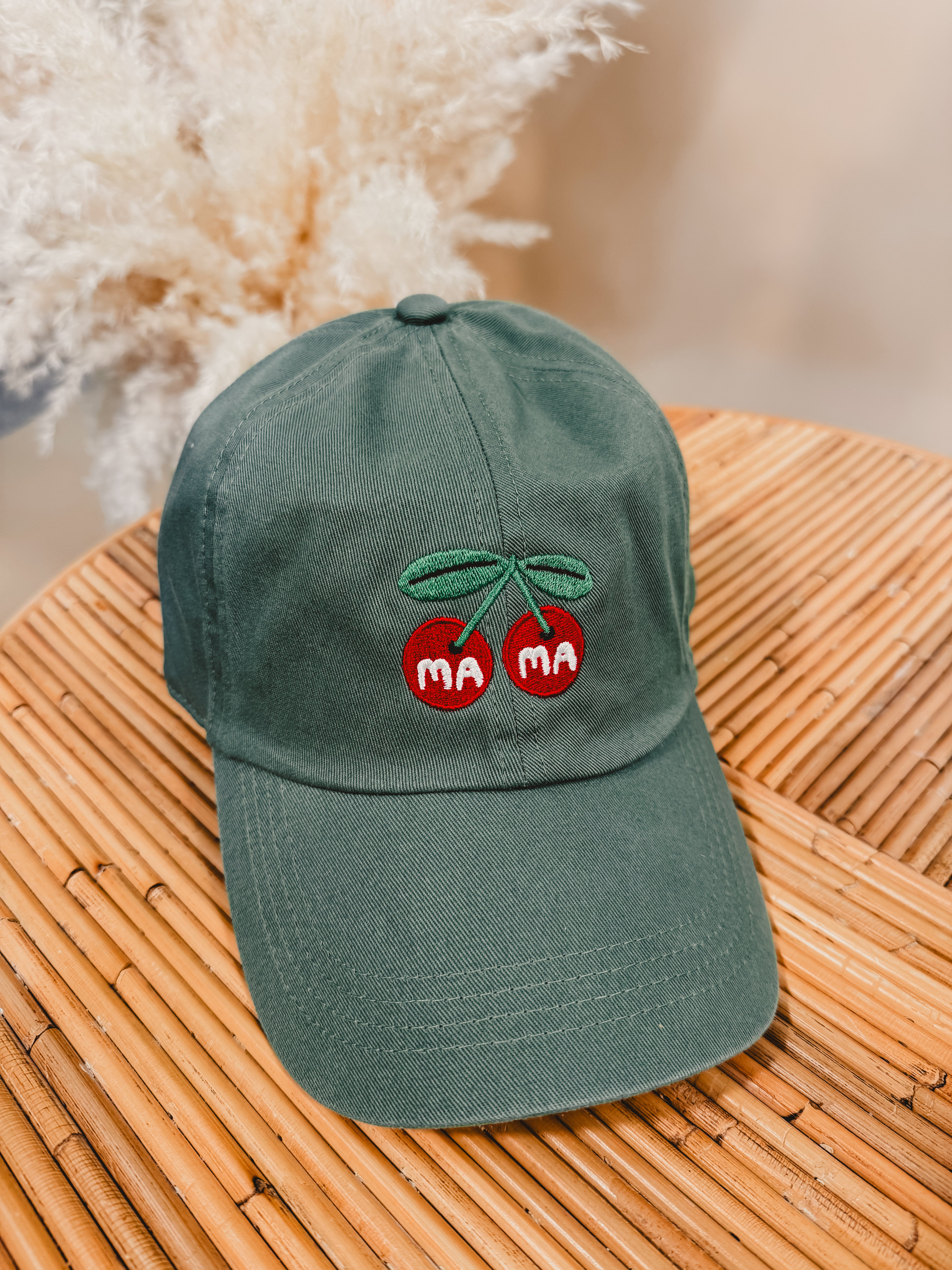 MAMA Cherries Embroidered Baseball Cap - Green - Lace and Grace Boutique