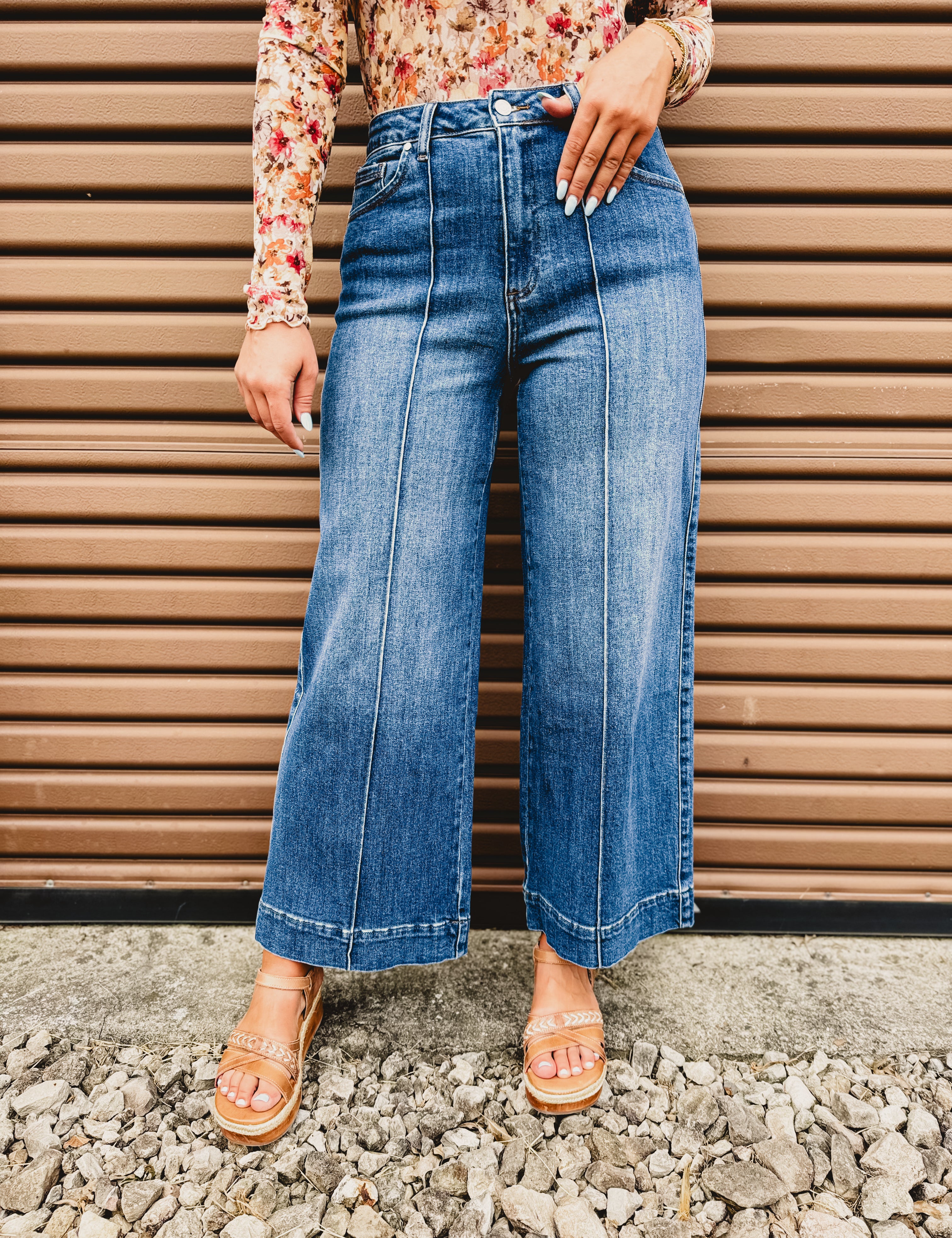 High Rise Front Seam Wide Leg Jean - Dark Denim - Lace and Grace Boutique