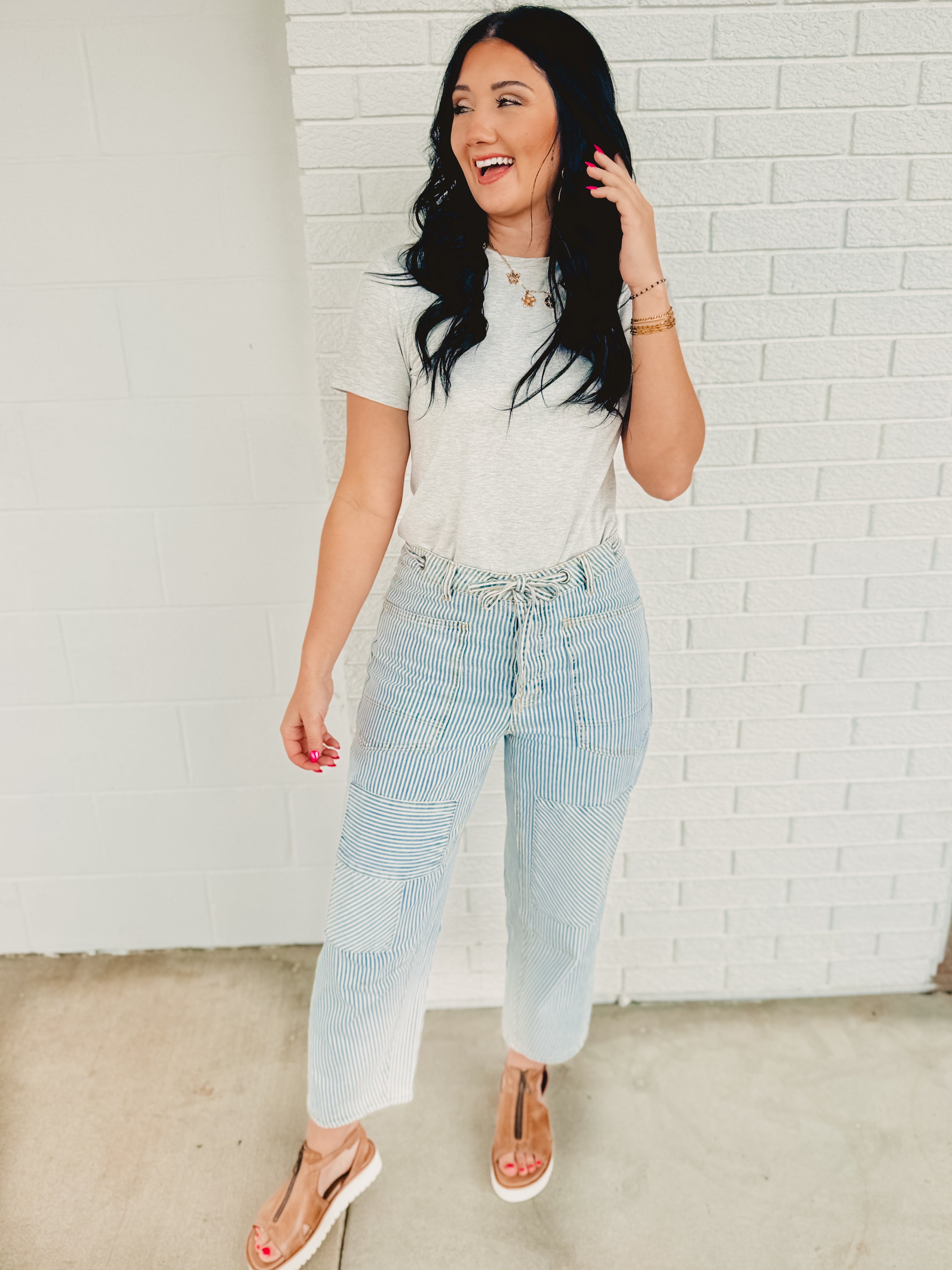 Striped Washed Twill Pants - Washed Denim - Lace and Grace Boutique