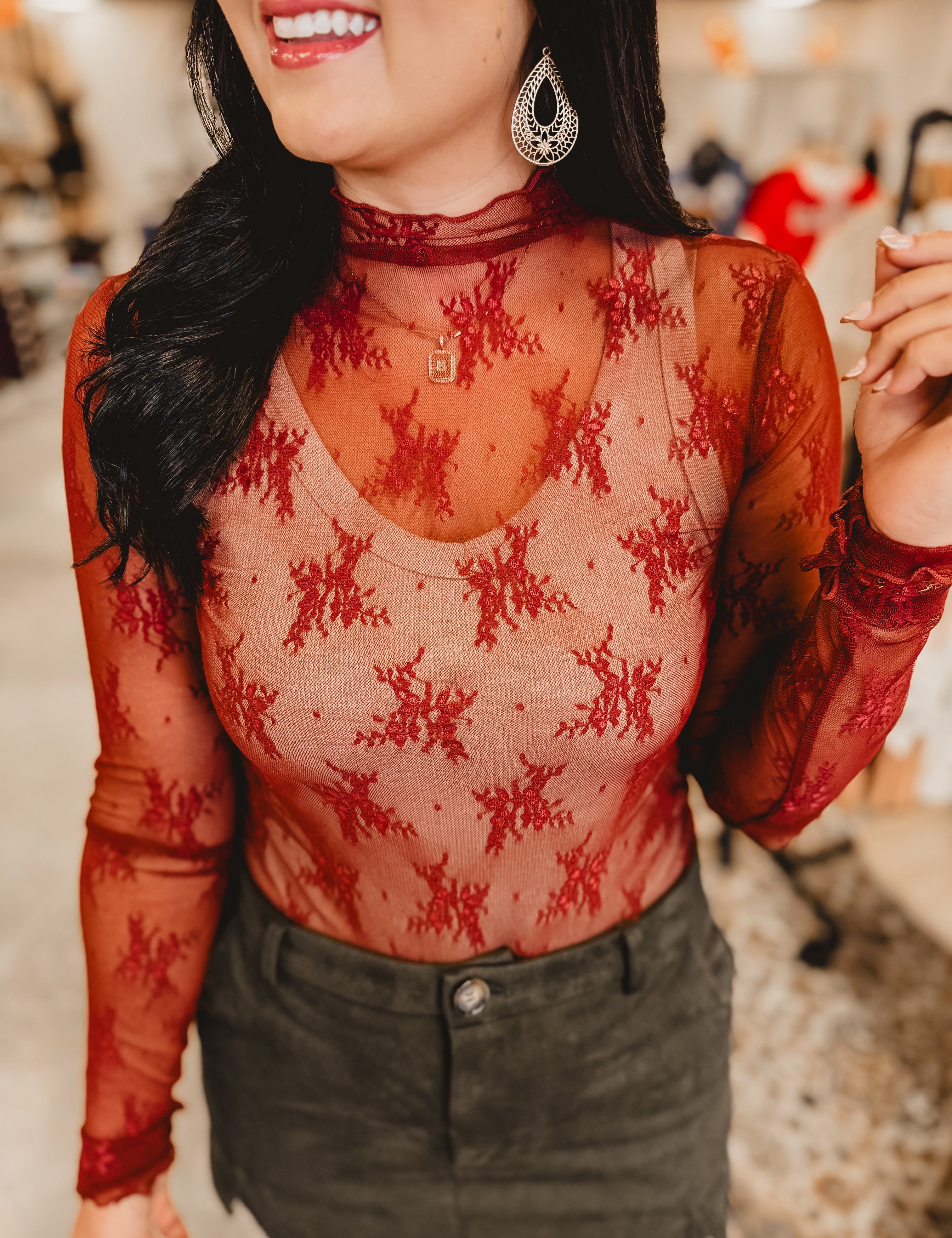 All Dressed Up Sheer Lace Top - Brick - Lace and Grace Boutique