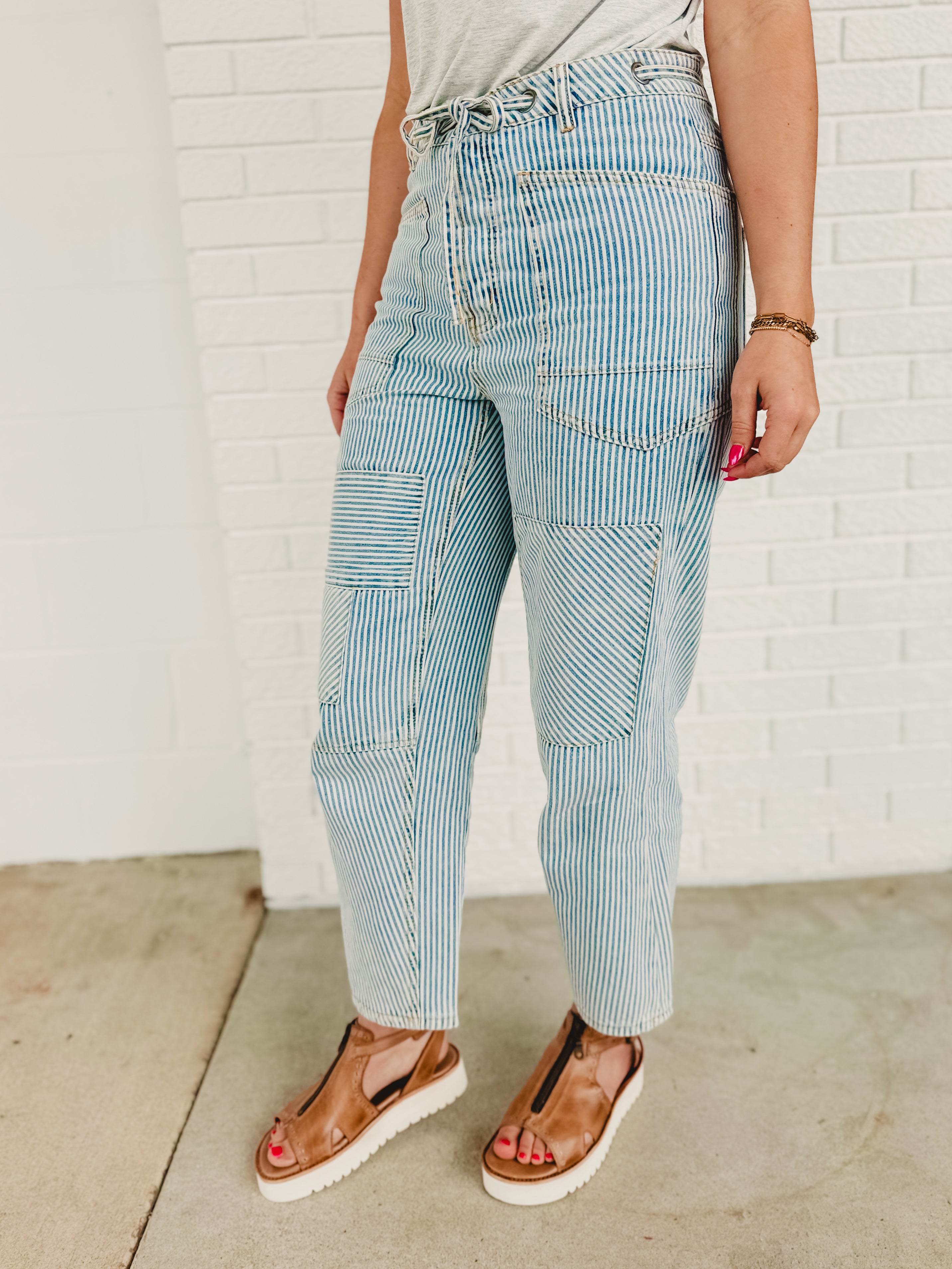 Striped Washed Twill Pants - Washed Denim - Lace and Grace Boutique