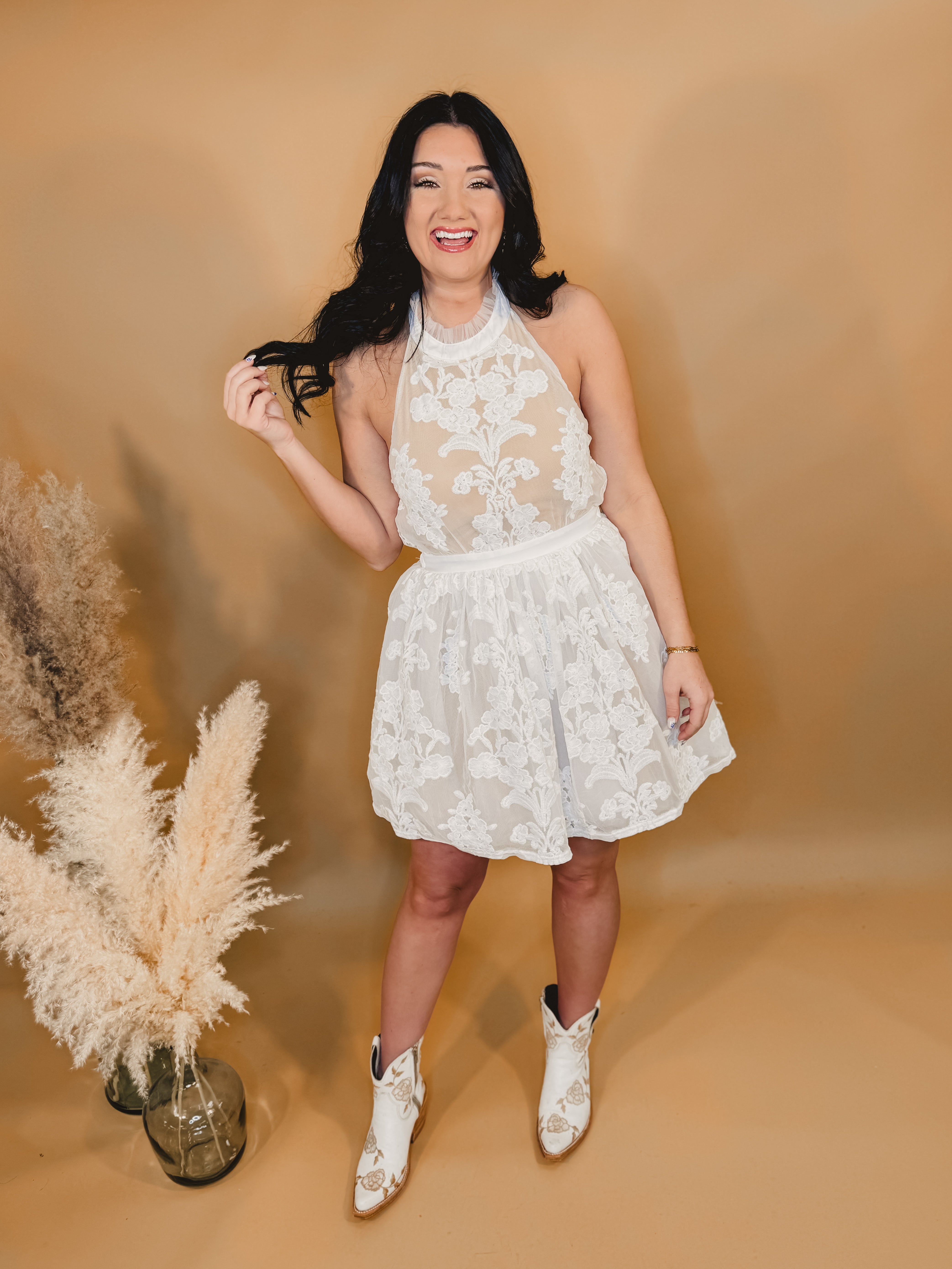 Floral Lace Sheer Mini Dress - Cream - Lace and Grace Boutique