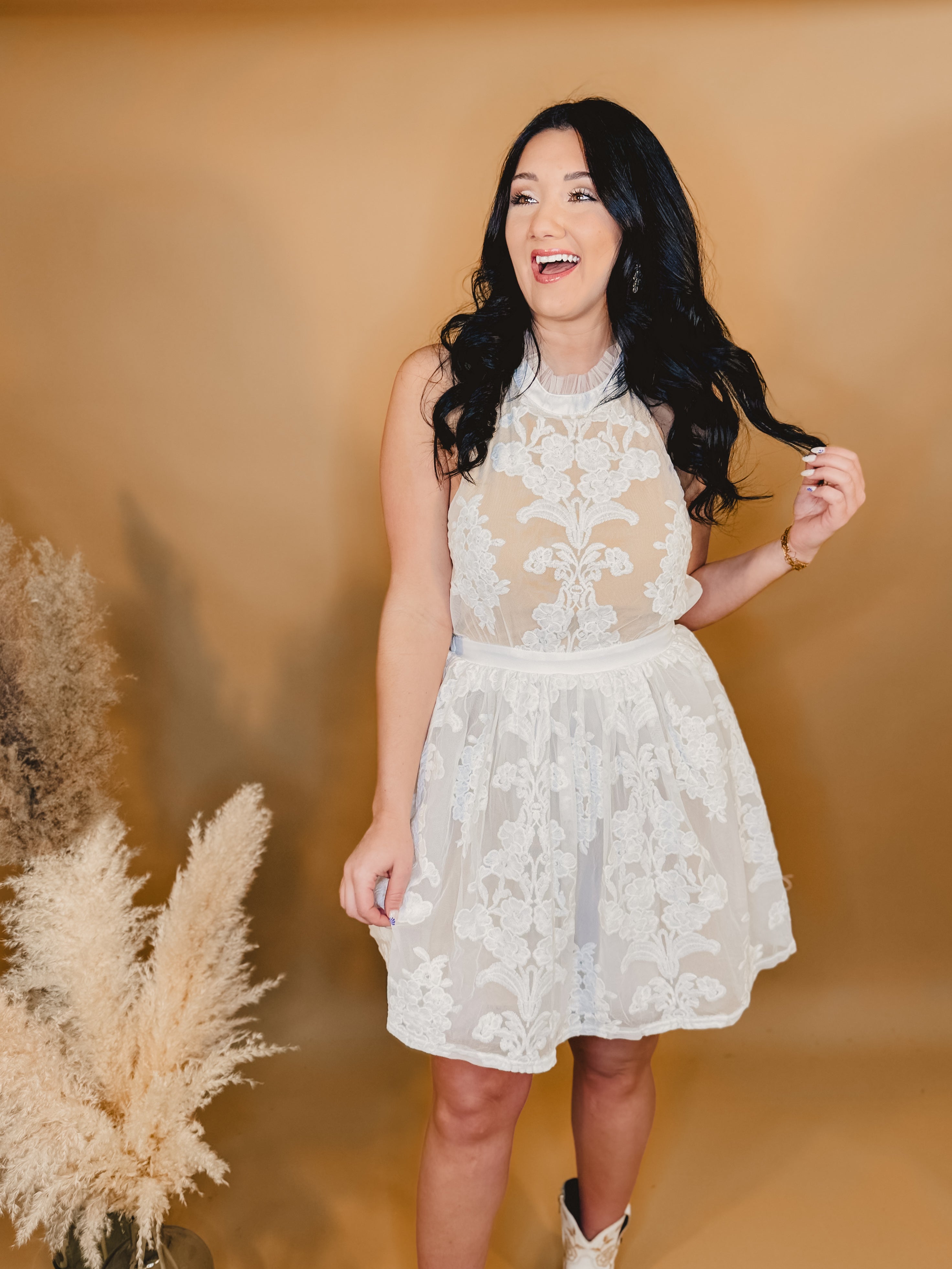 Floral Lace Sheer Mini Dress - Cream - Lace and Grace Boutique