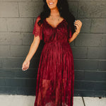 Floral Lace Overlay Maxi Dress - Wine - Lace and Grace Boutique