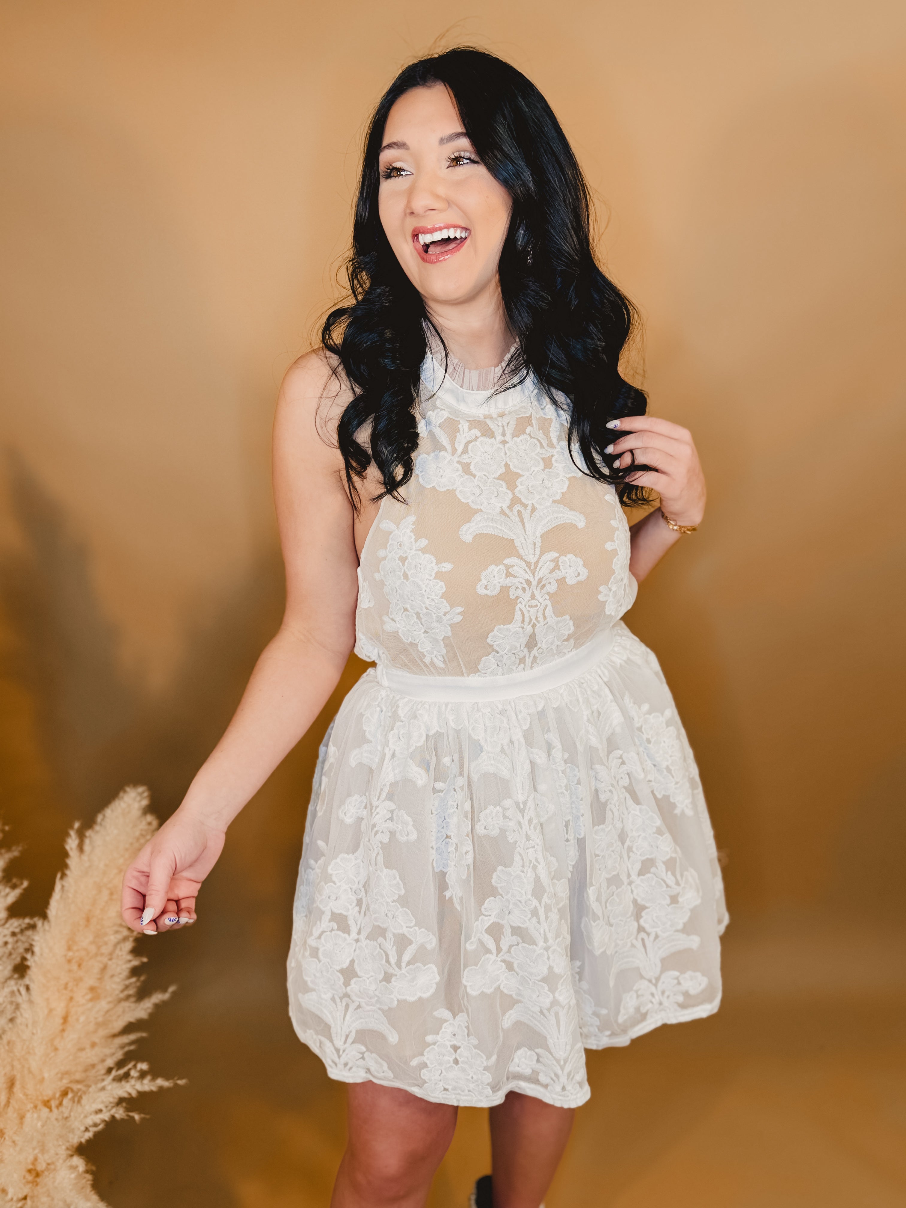 Floral Lace Sheer Mini Dress - Cream - Lace and Grace Boutique