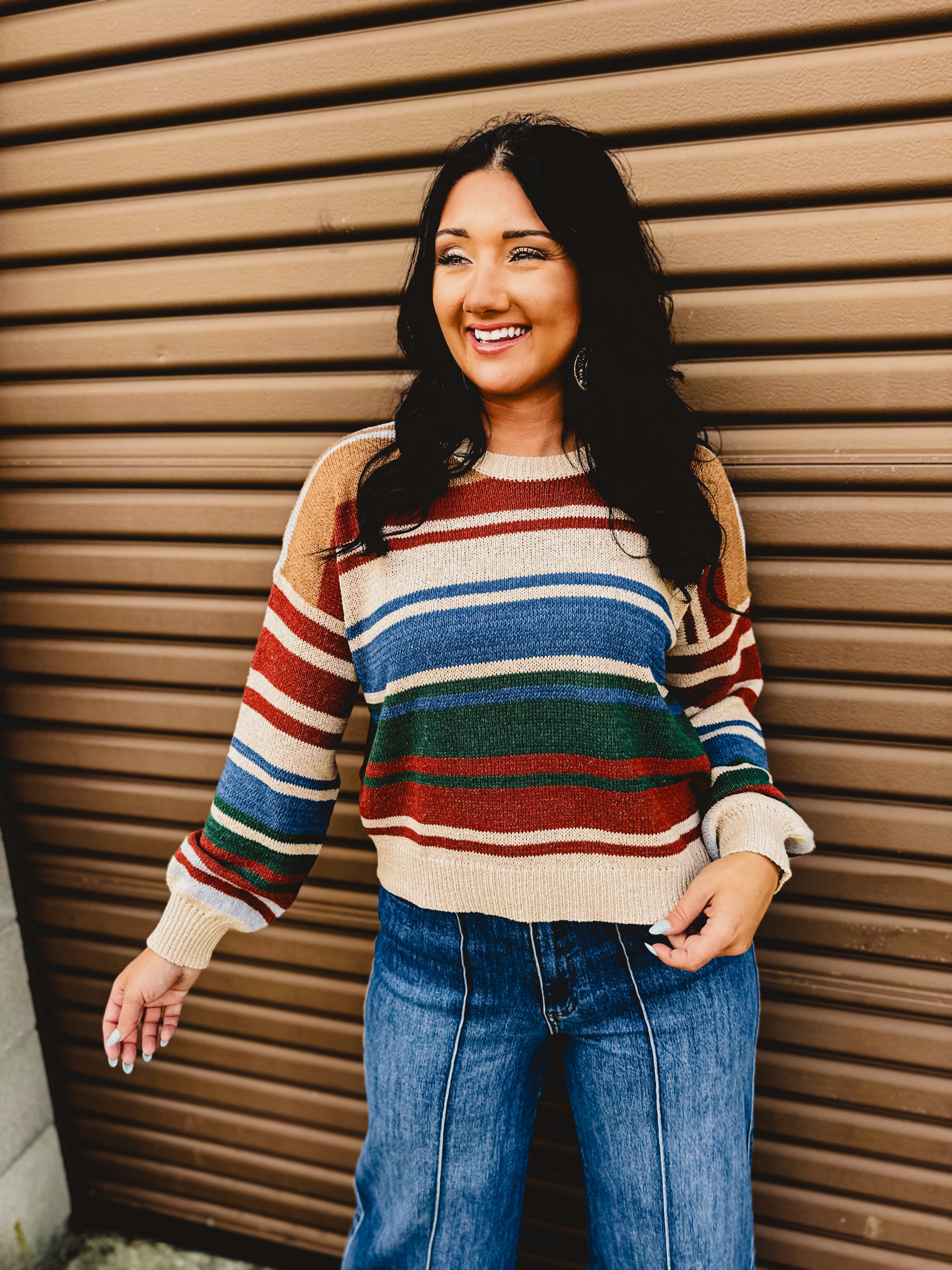 Color Block Striped Sweater - Blue/Rust - Lace and Grace Boutique