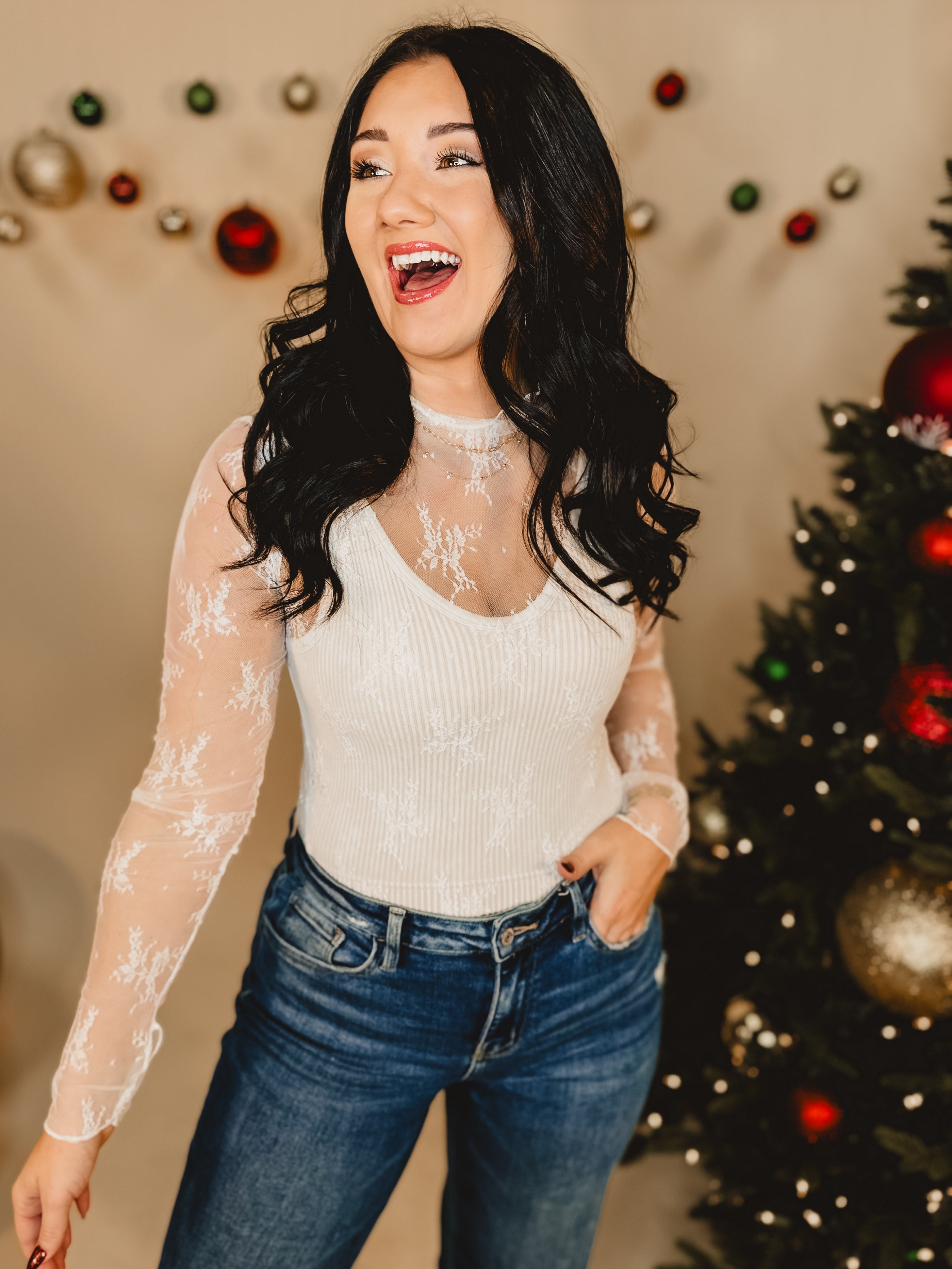 Mesh Lace High Neck Long Sleeve Top - Off White - Lace and Grace Boutique