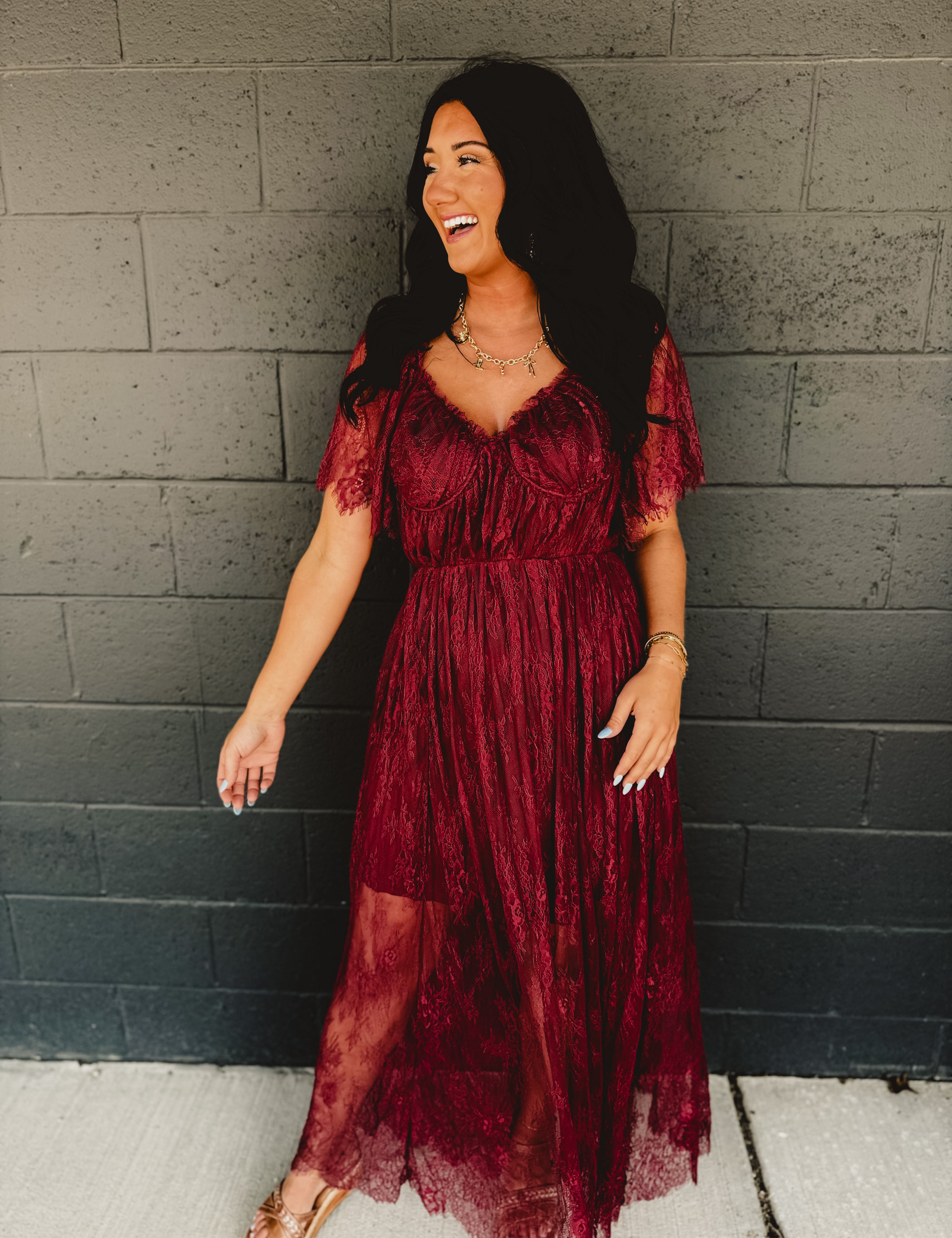 Floral Lace Overlay Maxi Dress - Wine - Lace and Grace Boutique
