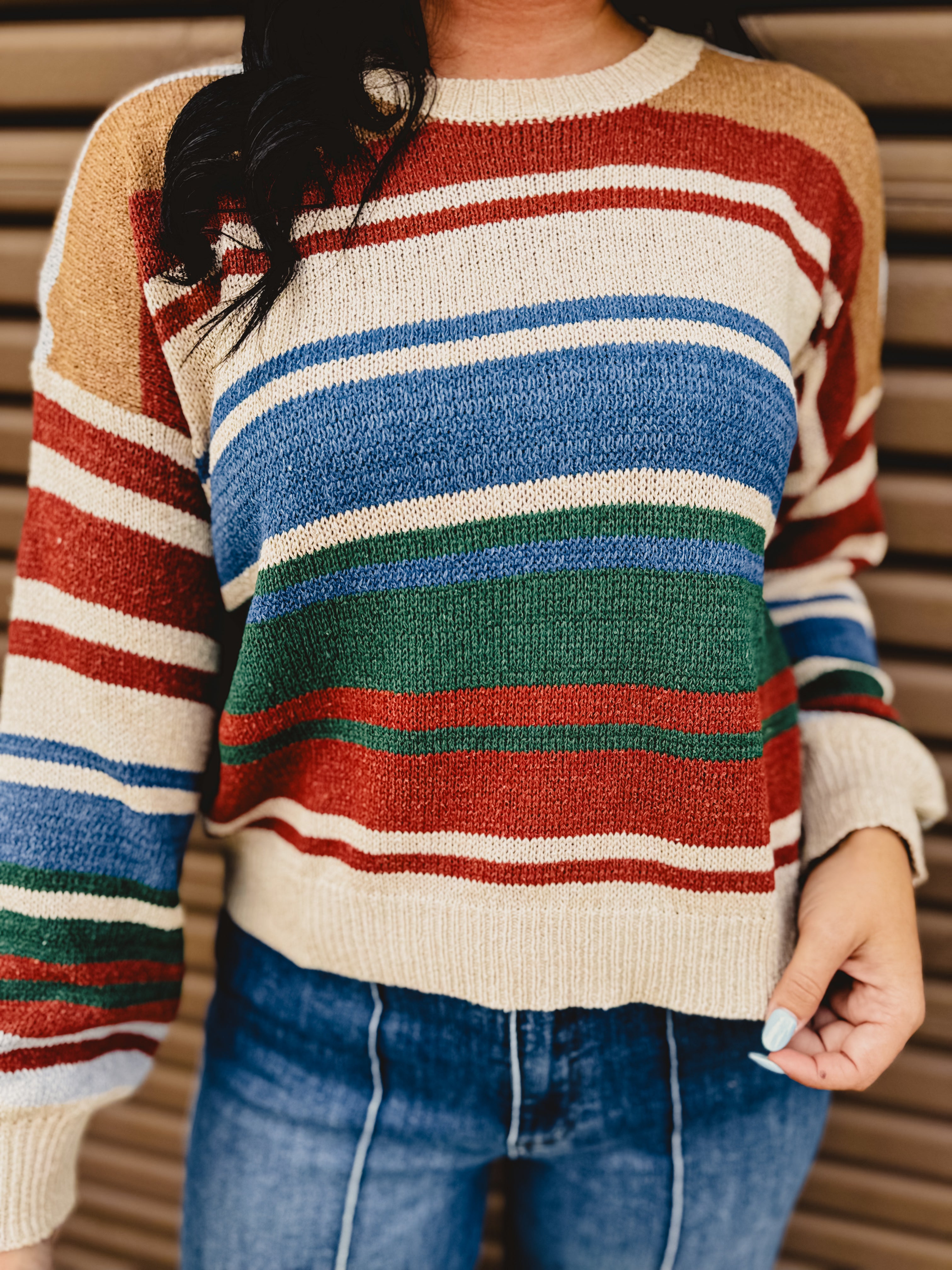 Color Block Striped Sweater - Blue/Rust - Lace and Grace Boutique