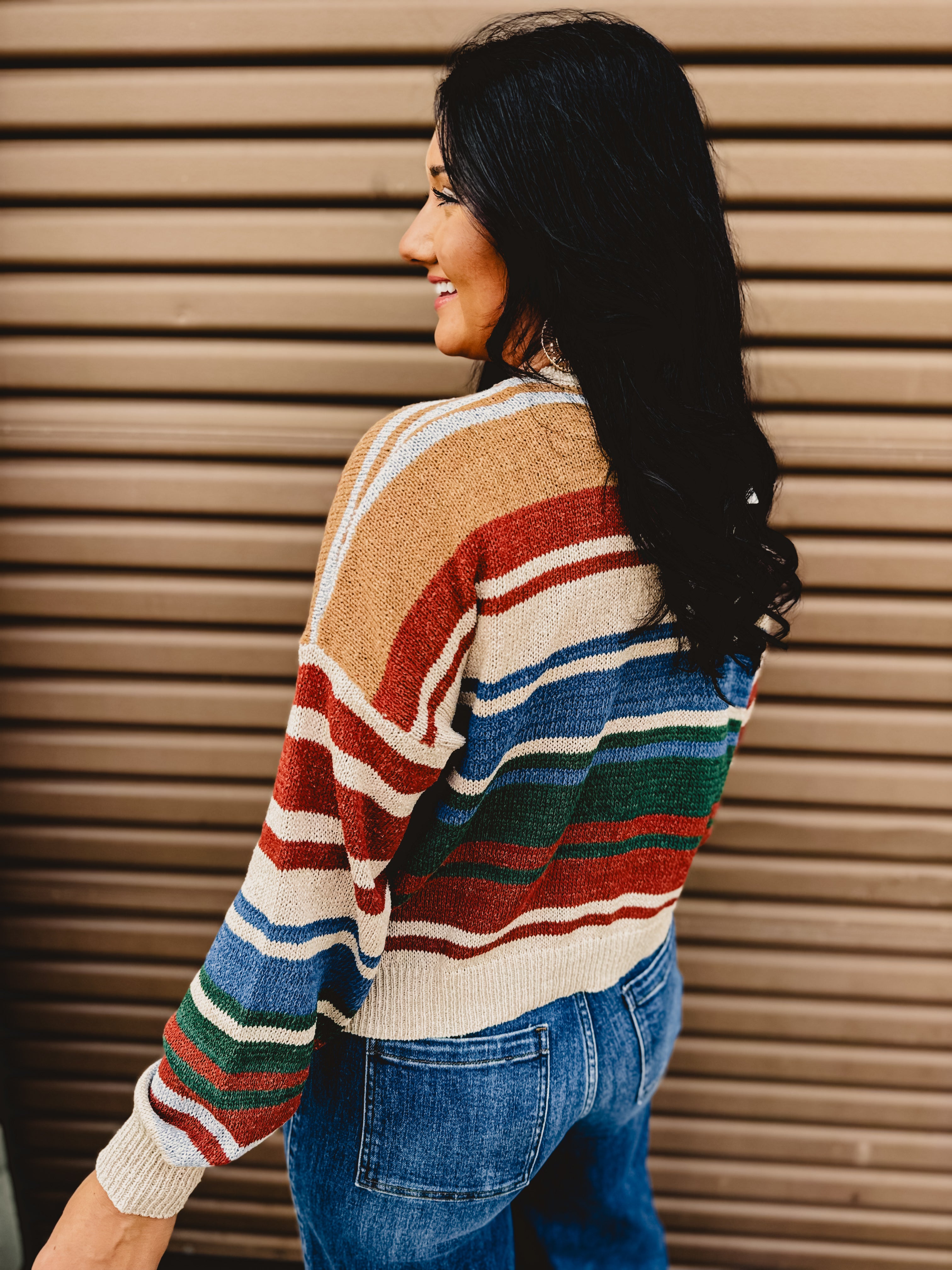 Color Block Striped Sweater - Blue/Rust - Lace and Grace Boutique