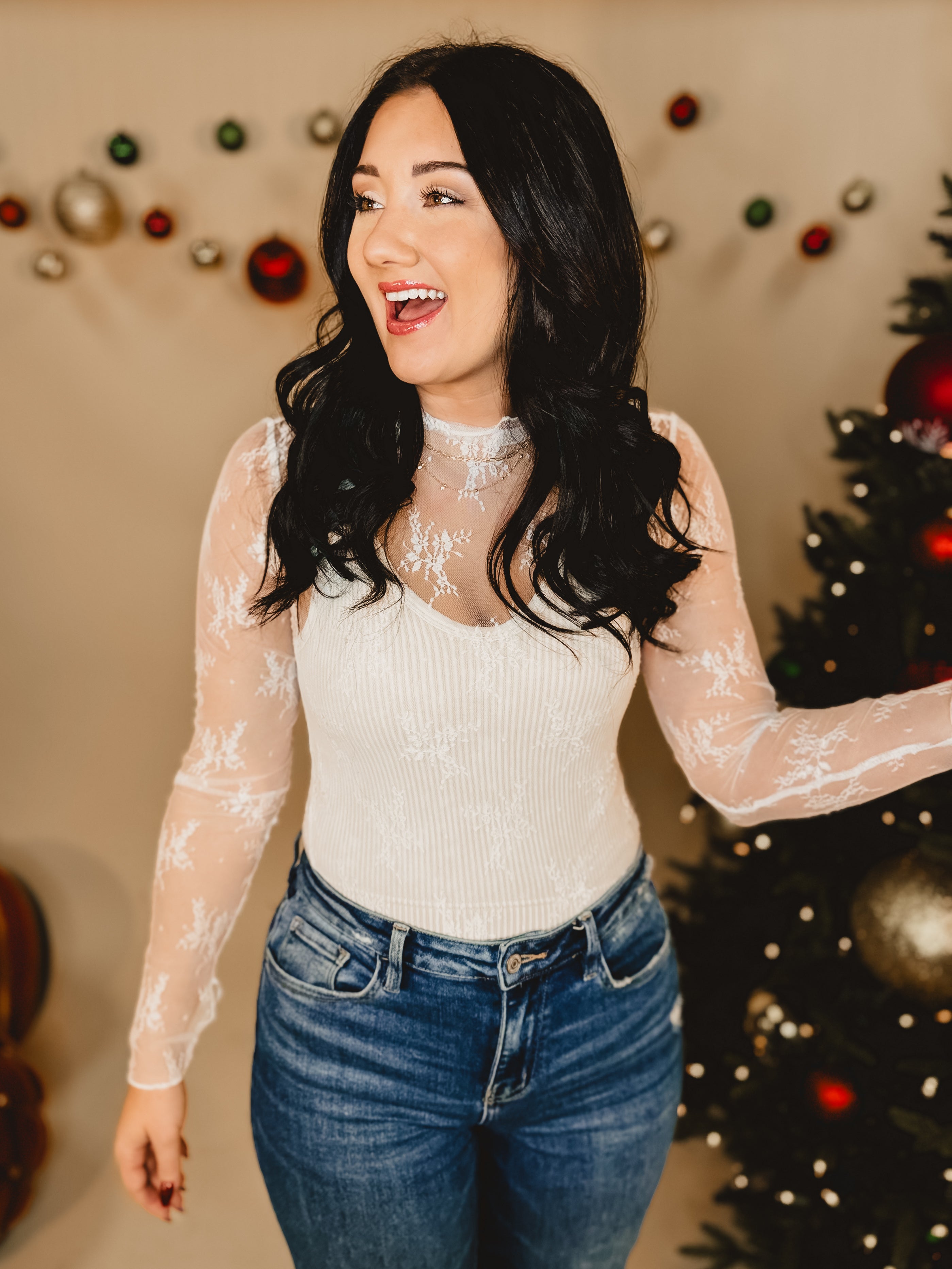 Mesh Lace High Neck Long Sleeve Top - Off White - Lace and Grace Boutique