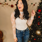 Mesh Lace High Neck Long Sleeve Top - Off White - Lace and Grace Boutique