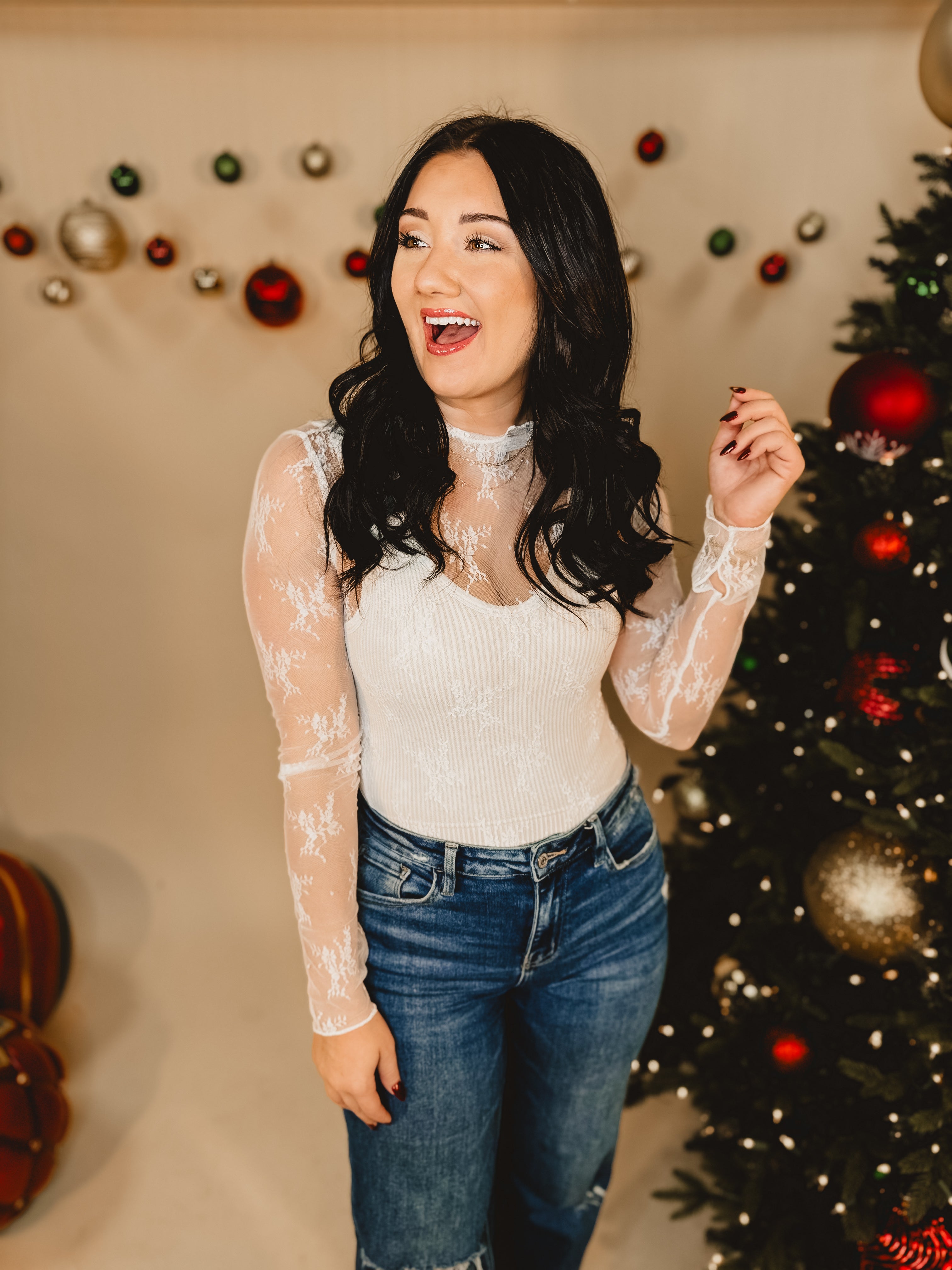 Mesh Lace High Neck Long Sleeve Top - Off White - Lace and Grace Boutique