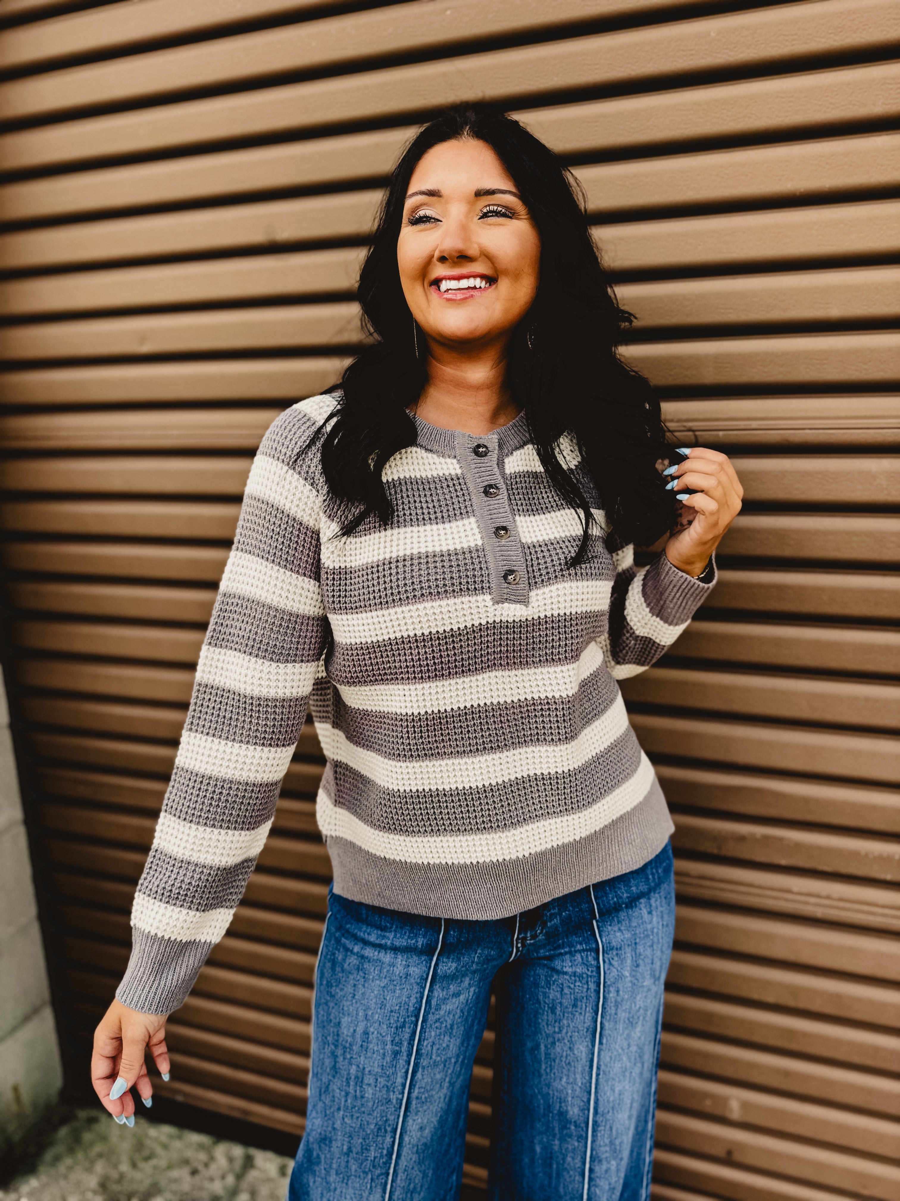 Sweater Knit Long Sleeve Top - Grey/Ivory - Lace and Grace Boutique
