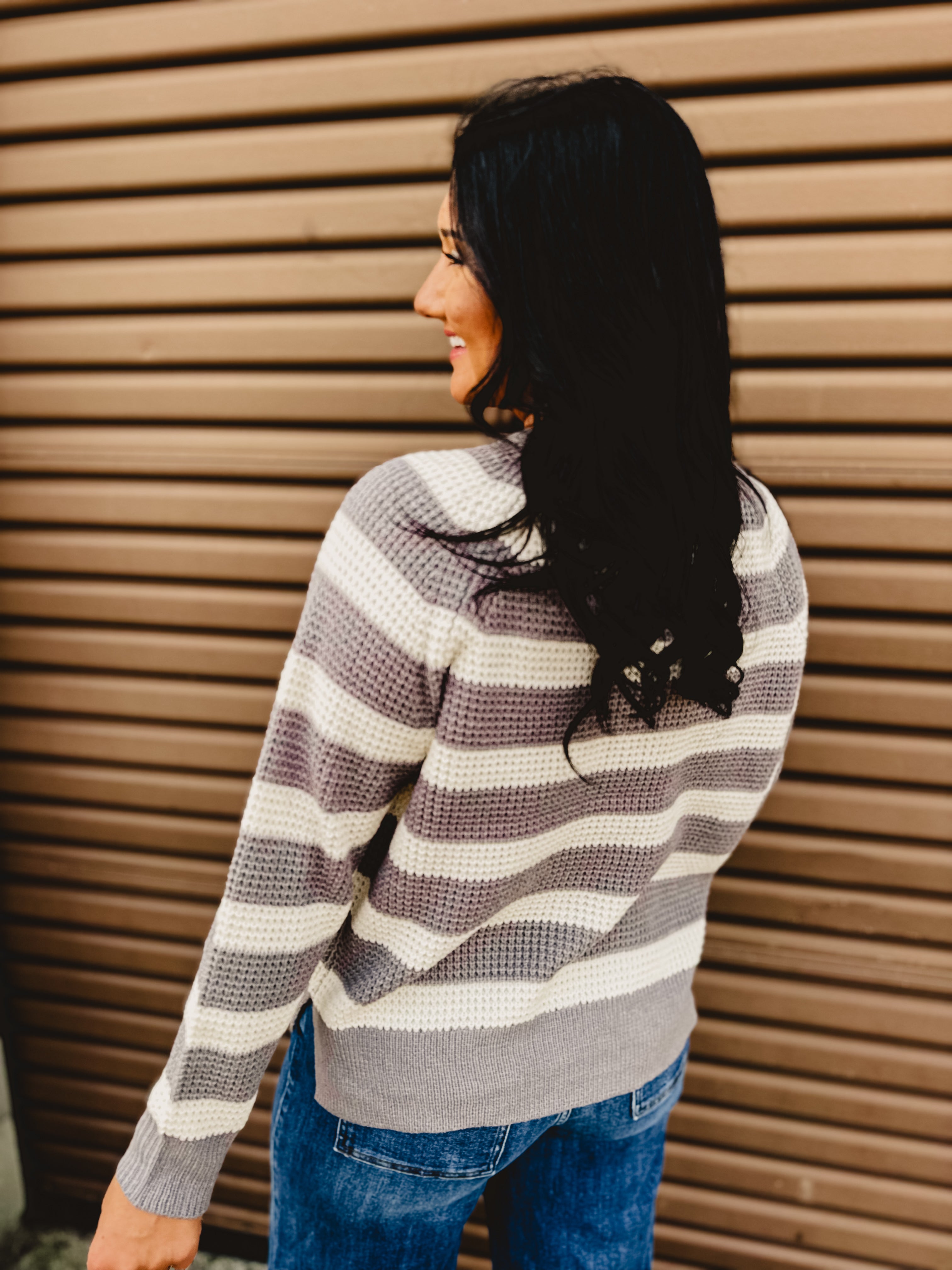 Sweater Knit Long Sleeve Top - Grey/Ivory - Lace and Grace Boutique