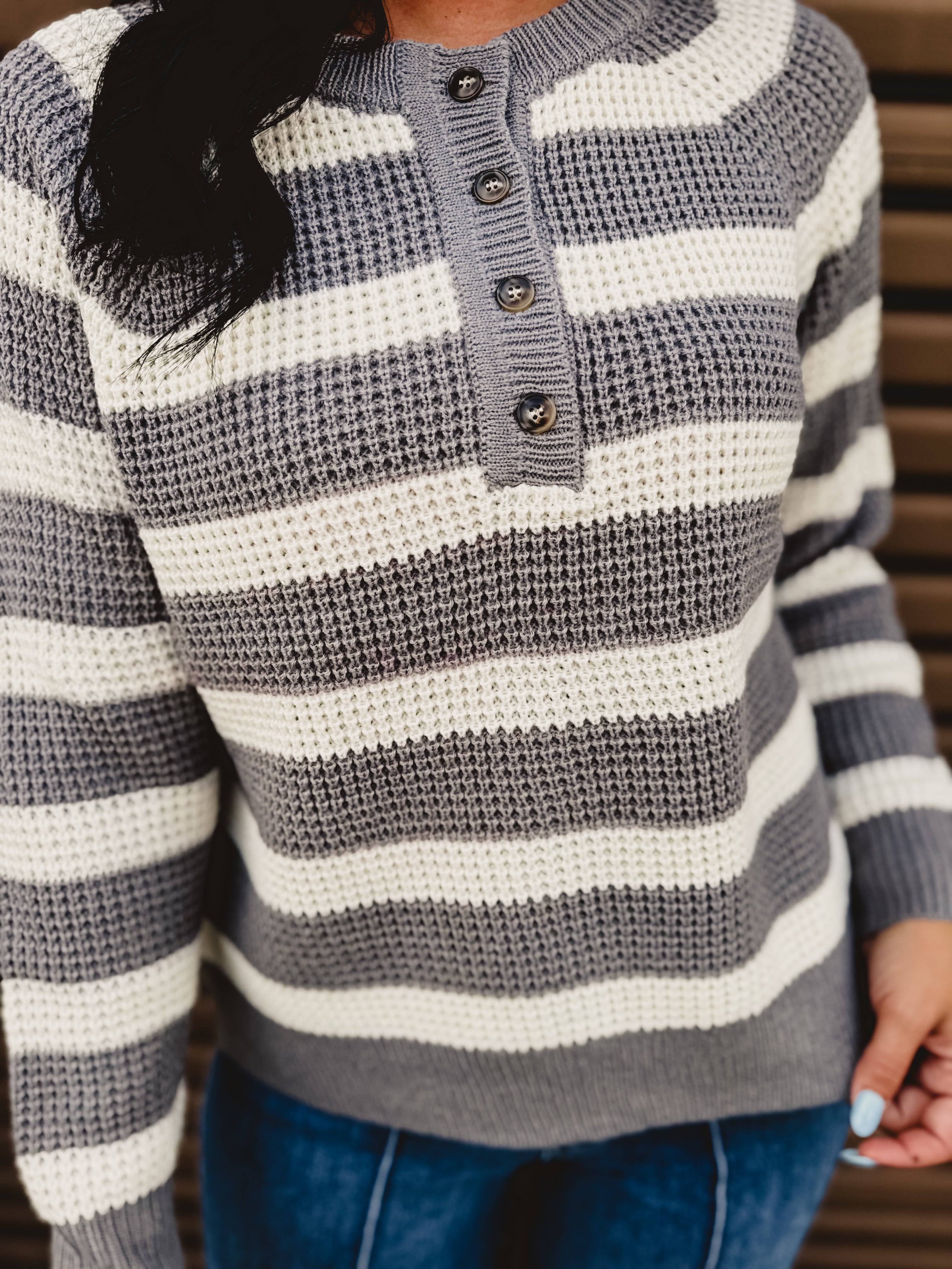 Sweater Knit Long Sleeve Top - Grey/Ivory - Lace and Grace Boutique
