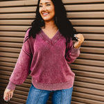 Oversized V-Neck Washed Sweater - Burgundy - Lace and Grace Boutique
