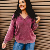Oversized V-Neck Washed Sweater - Burgundy - Lace and Grace Boutique