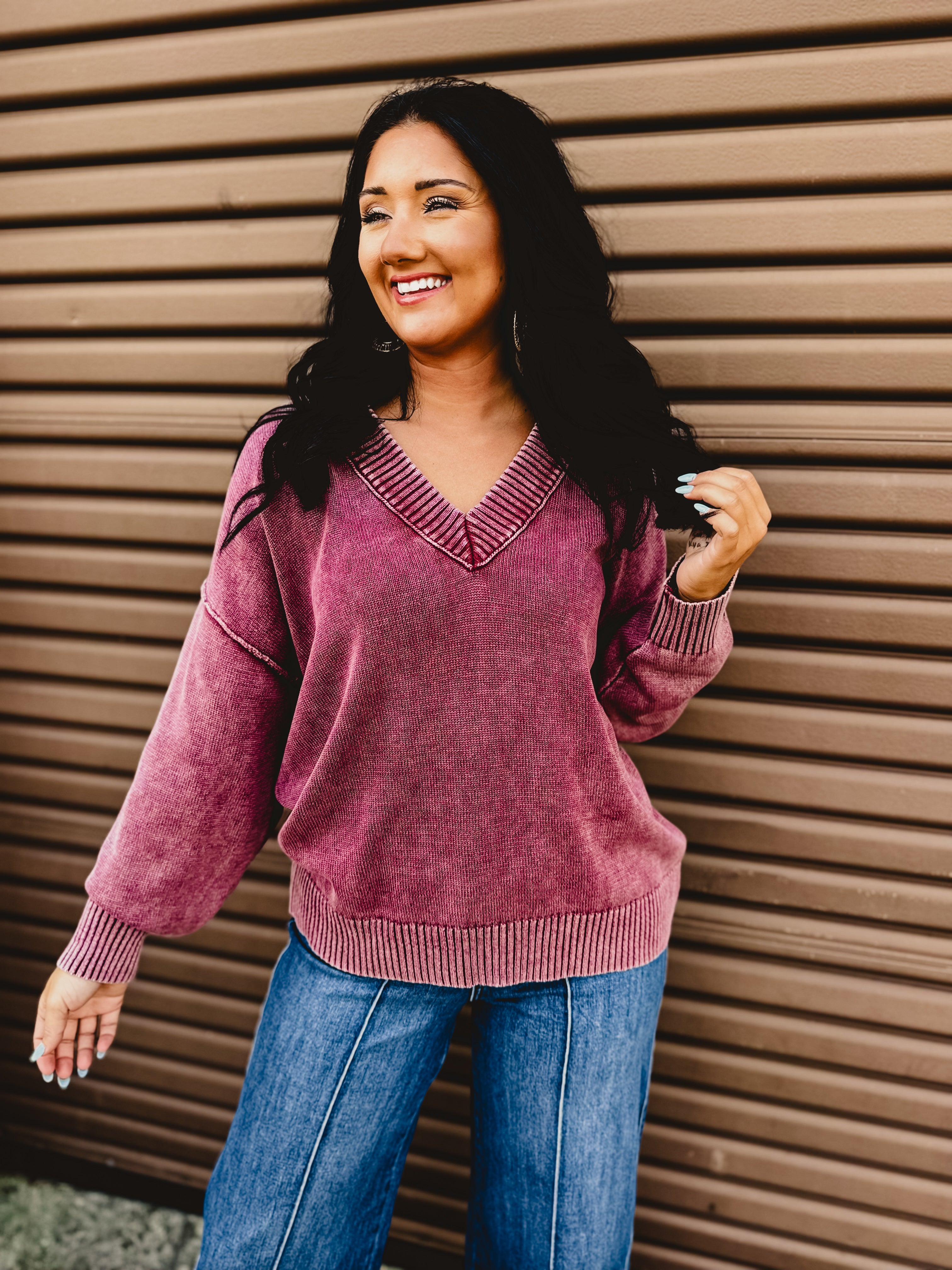 Oversized V-Neck Washed Sweater - Burgundy - Lace and Grace Boutique