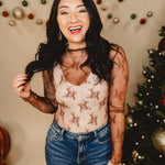 Mesh Lace High Neck Long Sleeve Top - Brown - Lace and Grace Boutique