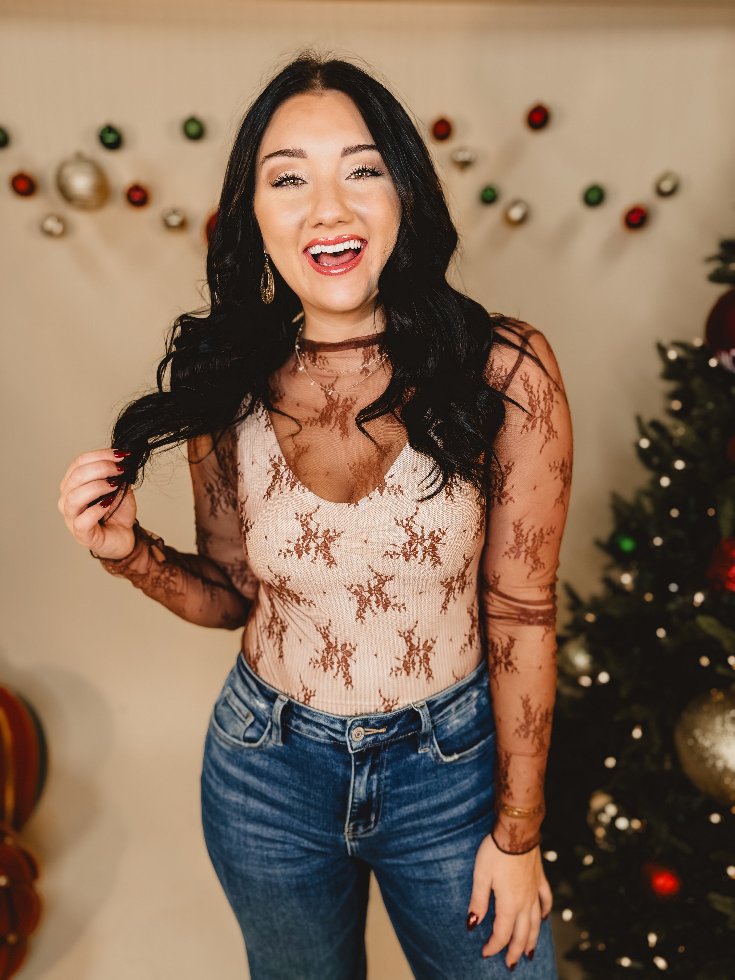 Mesh Lace High Neck Long Sleeve Top - Brown - Lace and Grace Boutique