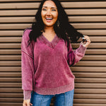 Oversized V-Neck Washed Sweater - Burgundy - Lace and Grace Boutique