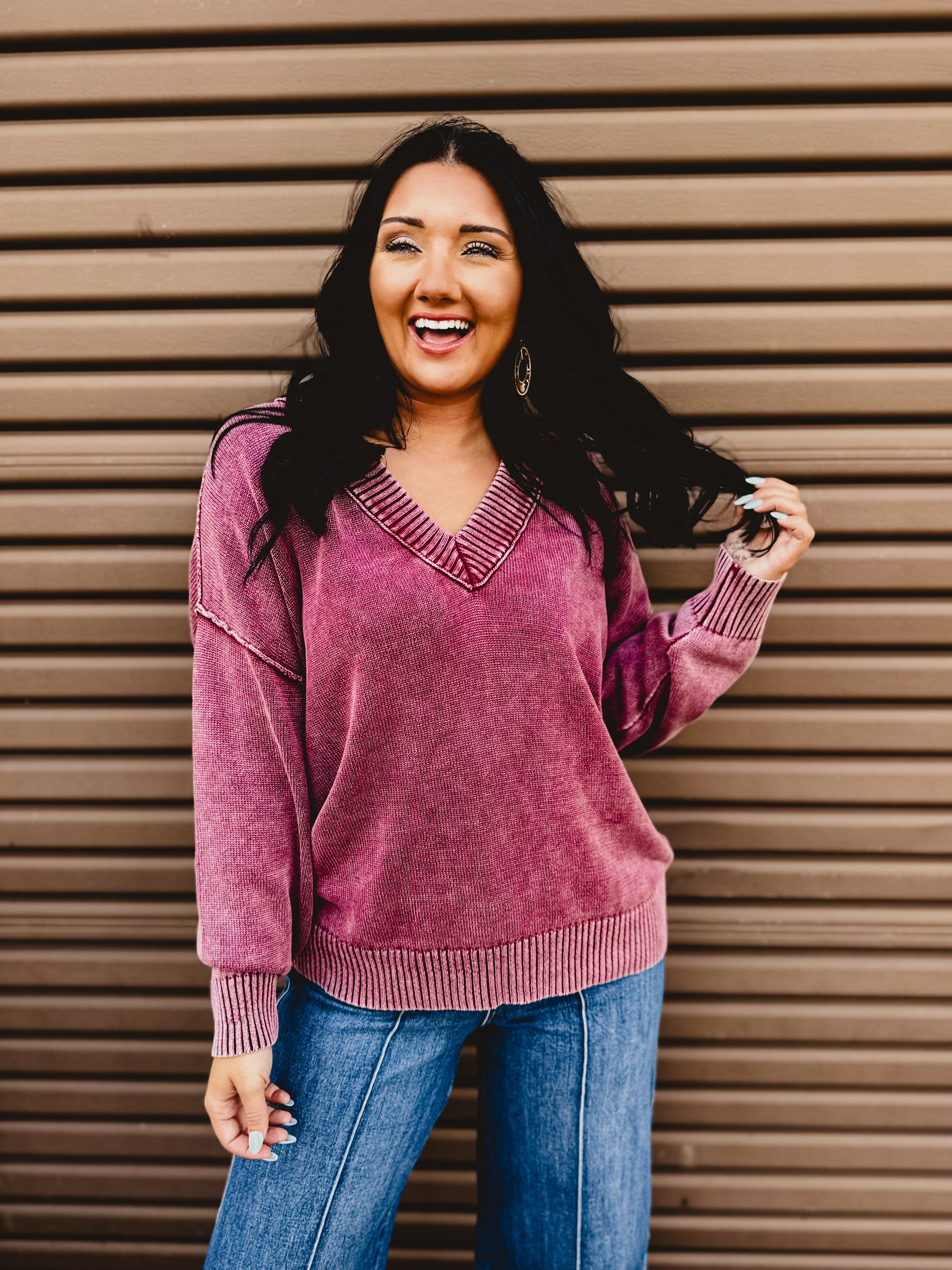 Oversized V-Neck Washed Sweater - Burgundy - Lace and Grace Boutique
