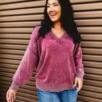 Oversized V-Neck Washed Sweater - Burgundy - Lace and Grace Boutique