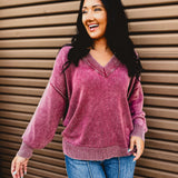 Oversized V-Neck Washed Sweater - Burgundy - Lace and Grace Boutique
