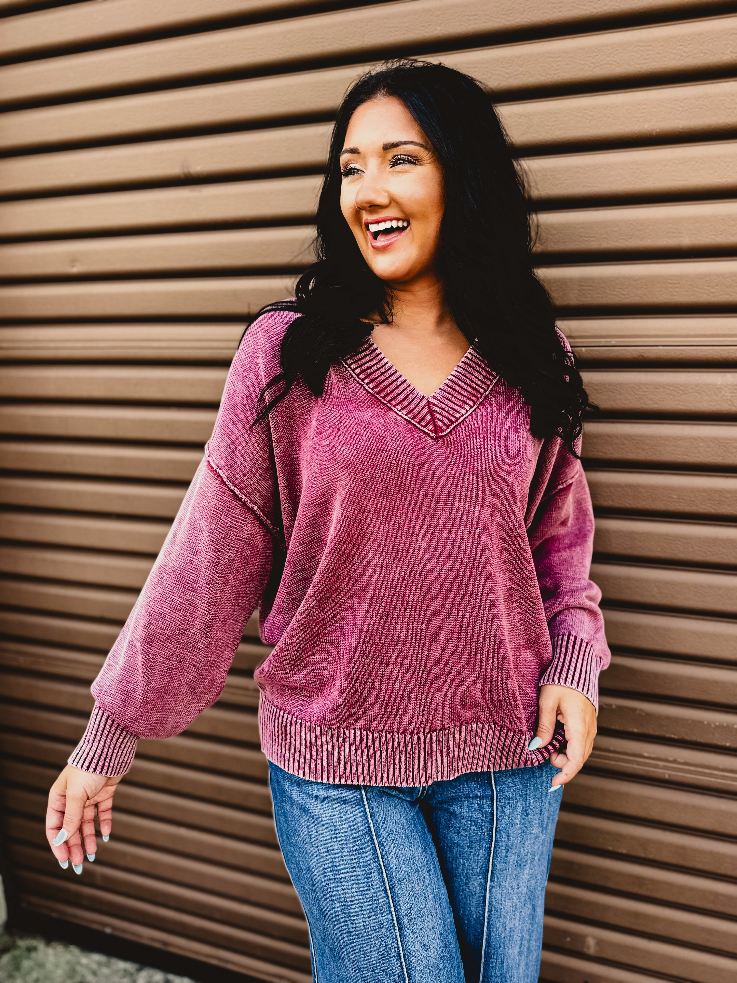 Oversized V-Neck Washed Sweater - Burgundy - Lace and Grace Boutique