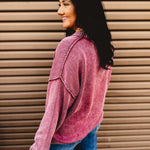 Oversized V-Neck Washed Sweater - Burgundy - Lace and Grace Boutique