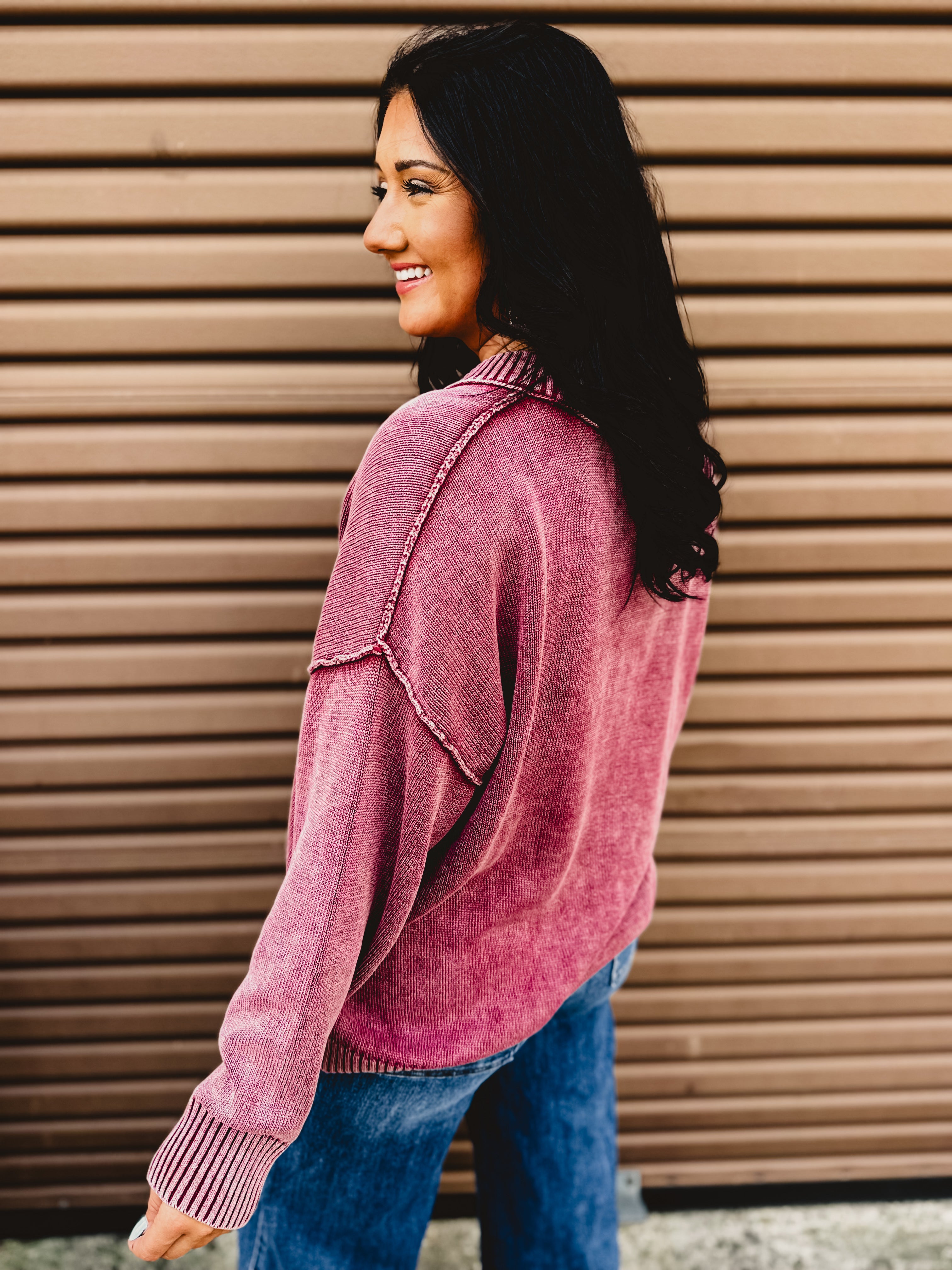 Oversized V-Neck Washed Sweater - Burgundy - Lace and Grace Boutique
