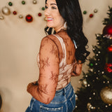 Mesh Lace High Neck Long Sleeve Top - Brown - Lace and Grace Boutique